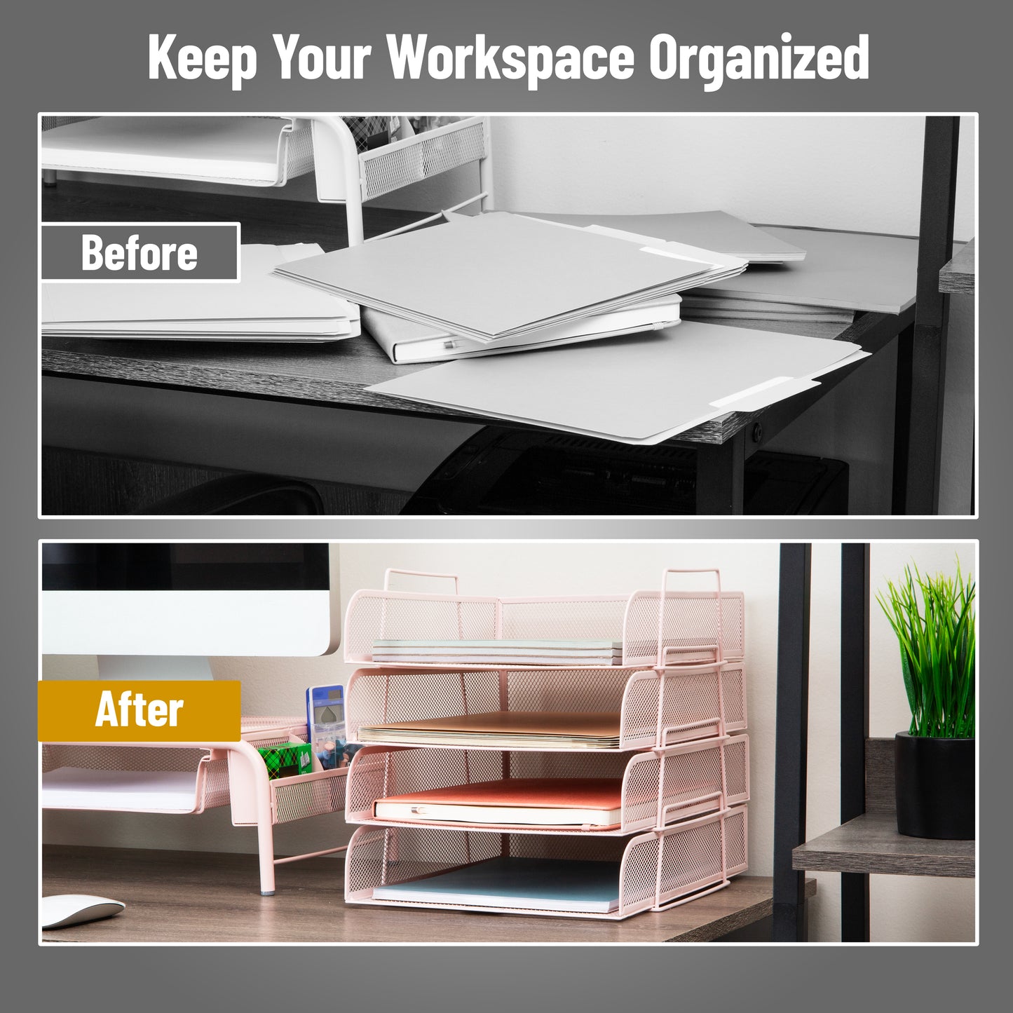Mind Reader Stackable Paper Tray, Desktop Organizer, File Storage, Office, Metal Mesh, 10.5"L x13.5"W x11.25"H, 4 Pcs., Black