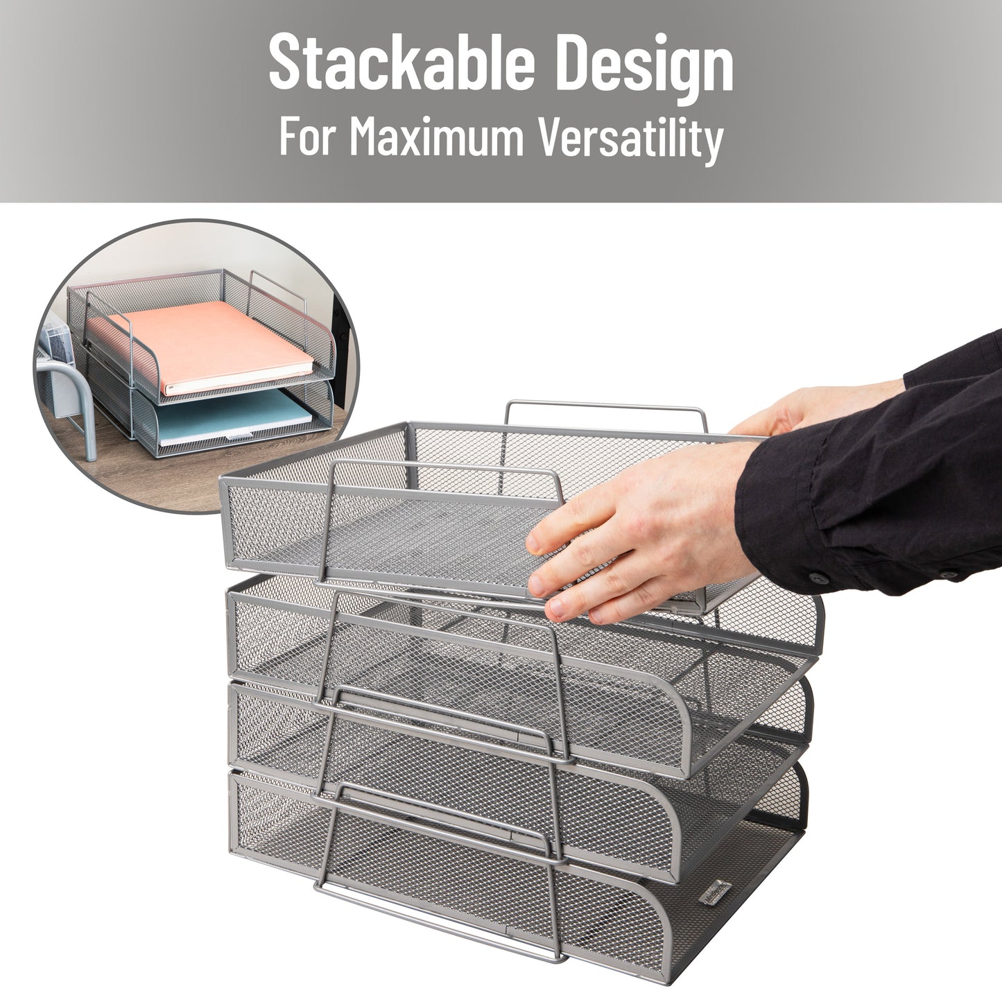 Mind Reader Stackable Paper Tray, Desktop Organizer, File Storage, Office, Metal Mesh, 10.5"L x13.5"W x11.25"H, 4 Pcs., Black
