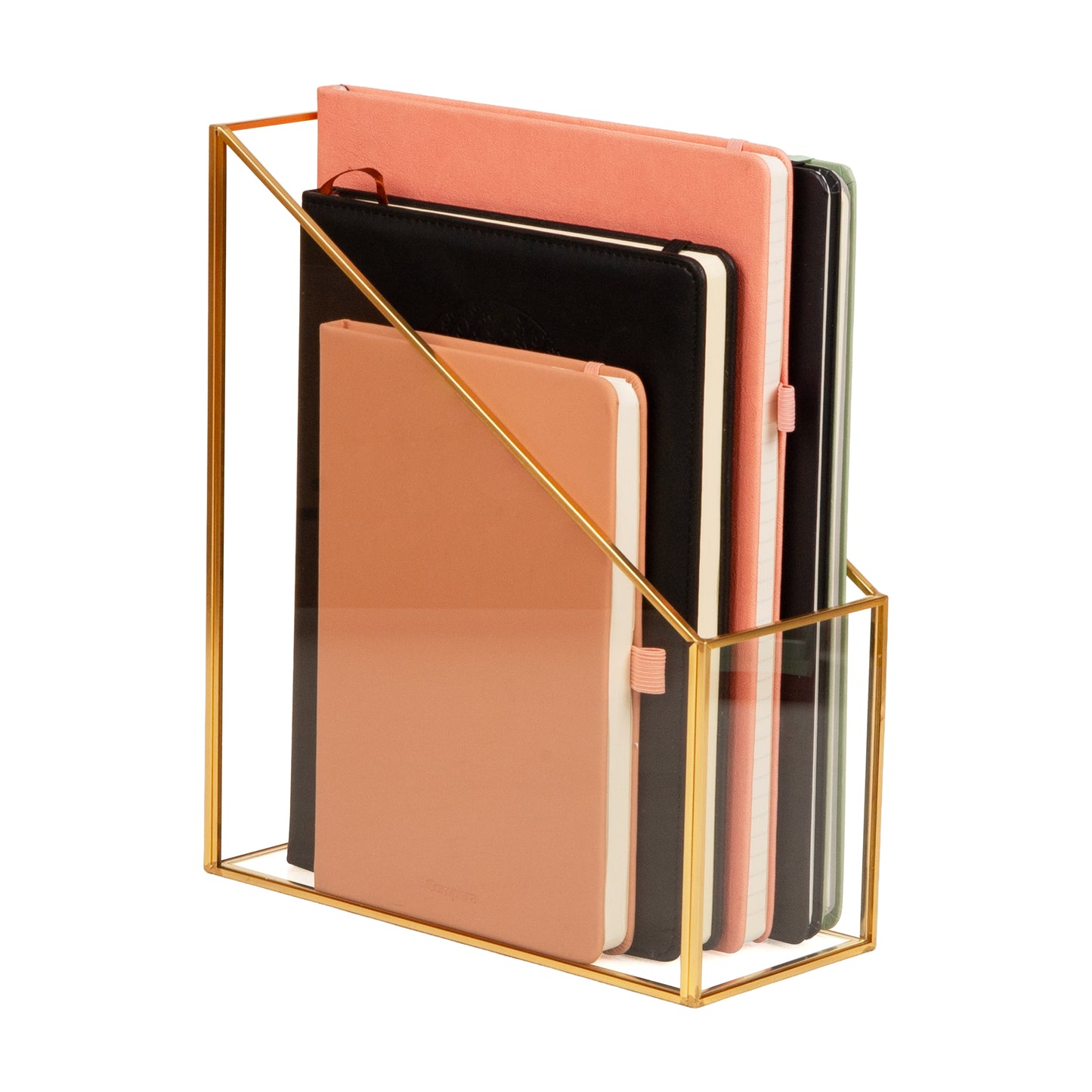Mind Reader Vertical Glass File Holder with Copper Trim, Angled Magazine Organizer for Documents, Folders & Mail, Glass and Copper, Clear