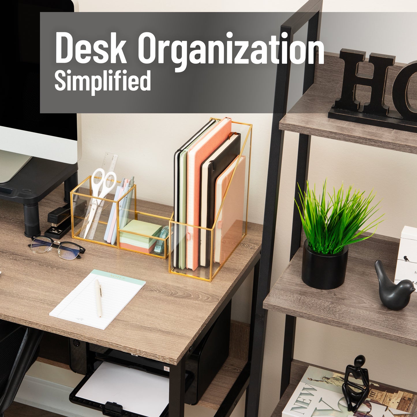 Mind Reader Vertical Glass File Holder with Copper Trim, Angled Magazine Organizer for Documents, Folders & Mail, Glass and Copper, Clear