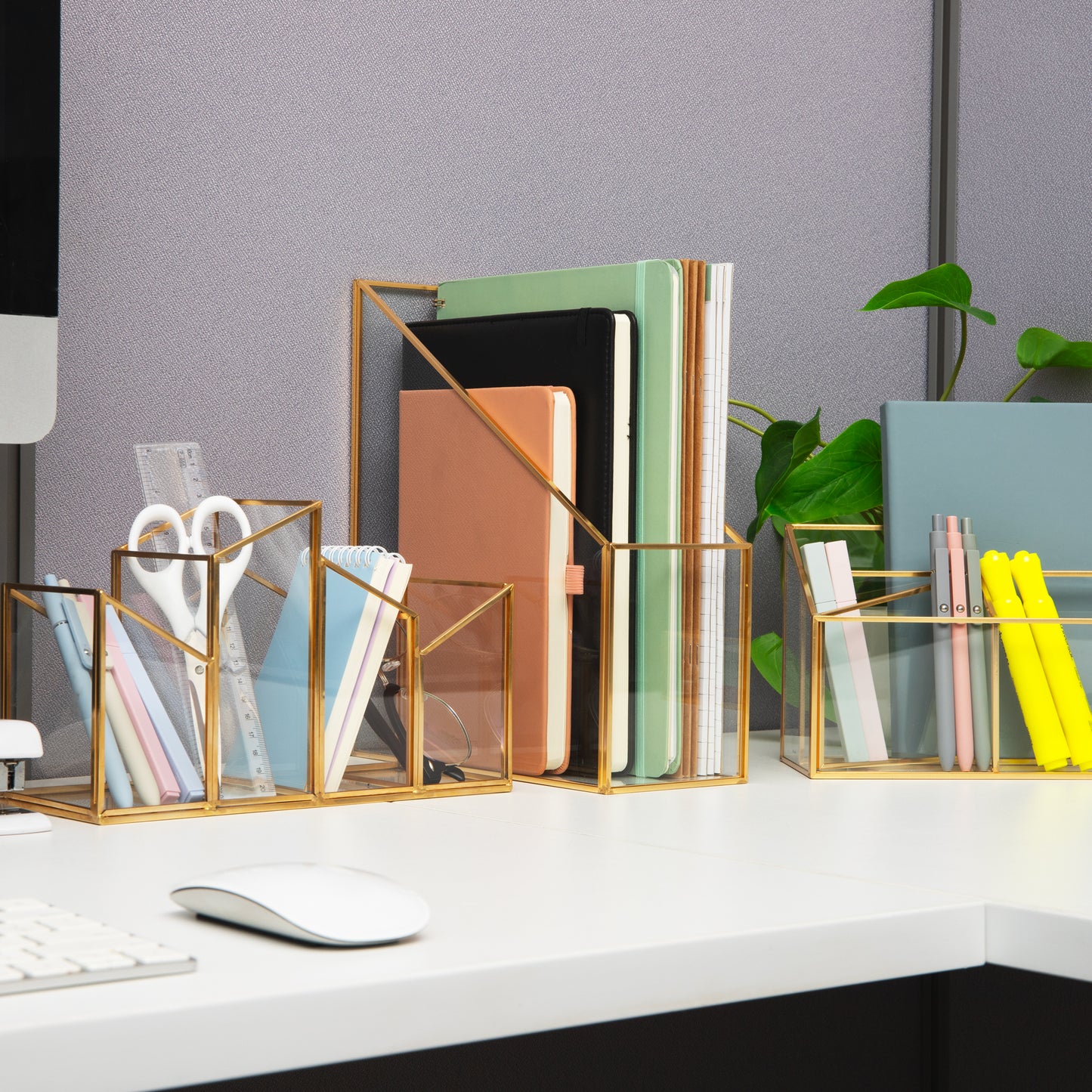 Mind Reader Vertical Glass File Holder with Copper Trim, Angled Magazine Organizer for Documents, Folders & Mail, Glass and Copper, Clear