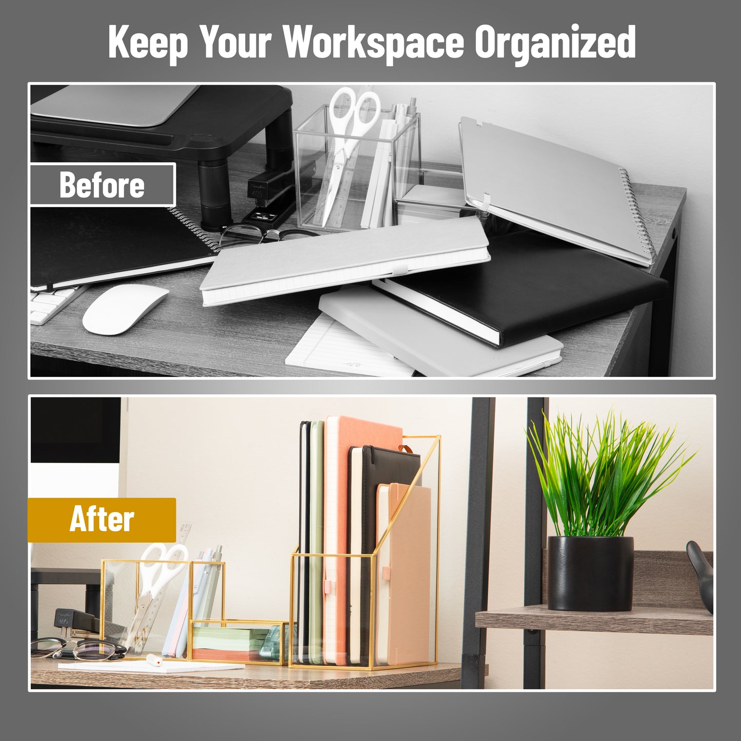 Mind Reader Vertical Glass File Holder with Copper Trim, Angled Magazine Organizer for Documents, Folders & Mail, Glass and Copper, Clear