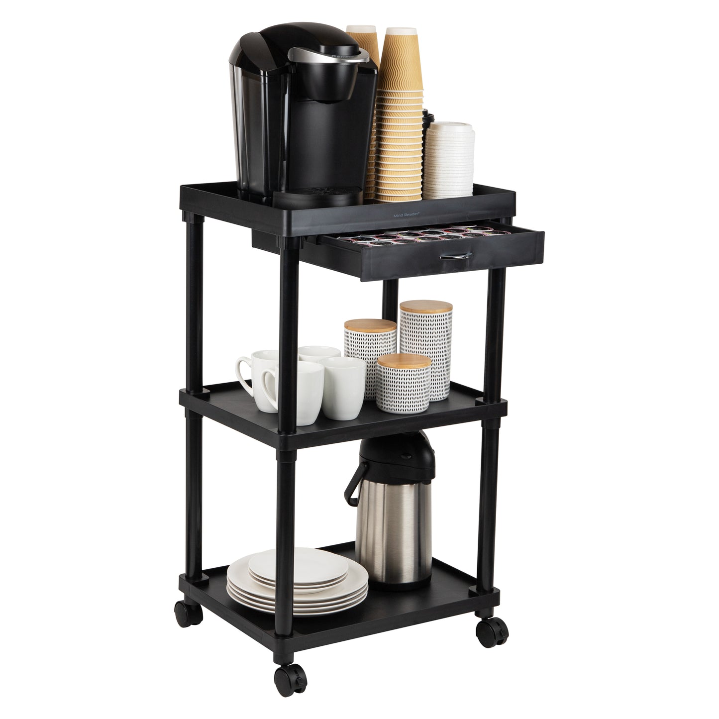 Mind Reader Bar Cart, Rolling, Utility Cart, 3-Tier, Coffee Cart, Bathroom, Kitchen, Plastic, 20"L x 15"W x 34.5"H, Black