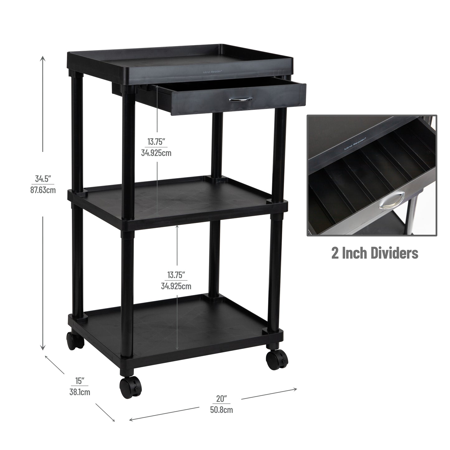 Mind Reader Anchor Collection, Mobile Printer Cart with 3 Shelves and a Storage Drawer, Kitchen Cart, Utility Cart, Microwave Cart, Black