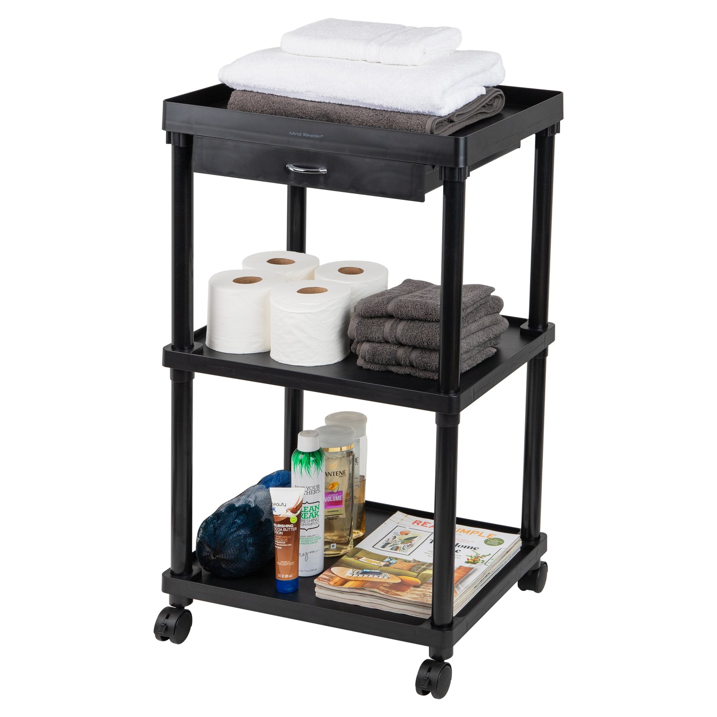 Mind Reader Bar Cart, Rolling, Utility Cart, 3-Tier, Coffee Cart, Bathroom, Kitchen, Plastic, 20"L x 15"W x 34.5"H, Black