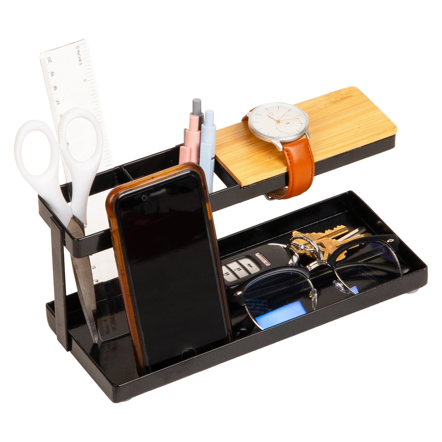 Mind Reader Desktop Organizer, Steel and Wood Desktop Dock, Catchall Tray for Phone, Wallet, Watch, Keys
