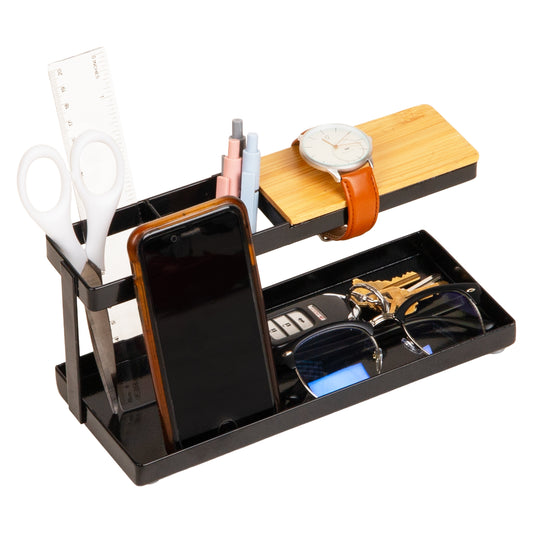 Mind Reader Desktop Organizer, Steel and Wood Desktop Dock, Catchall Tray for Phone, Wallet, Watch, Keys