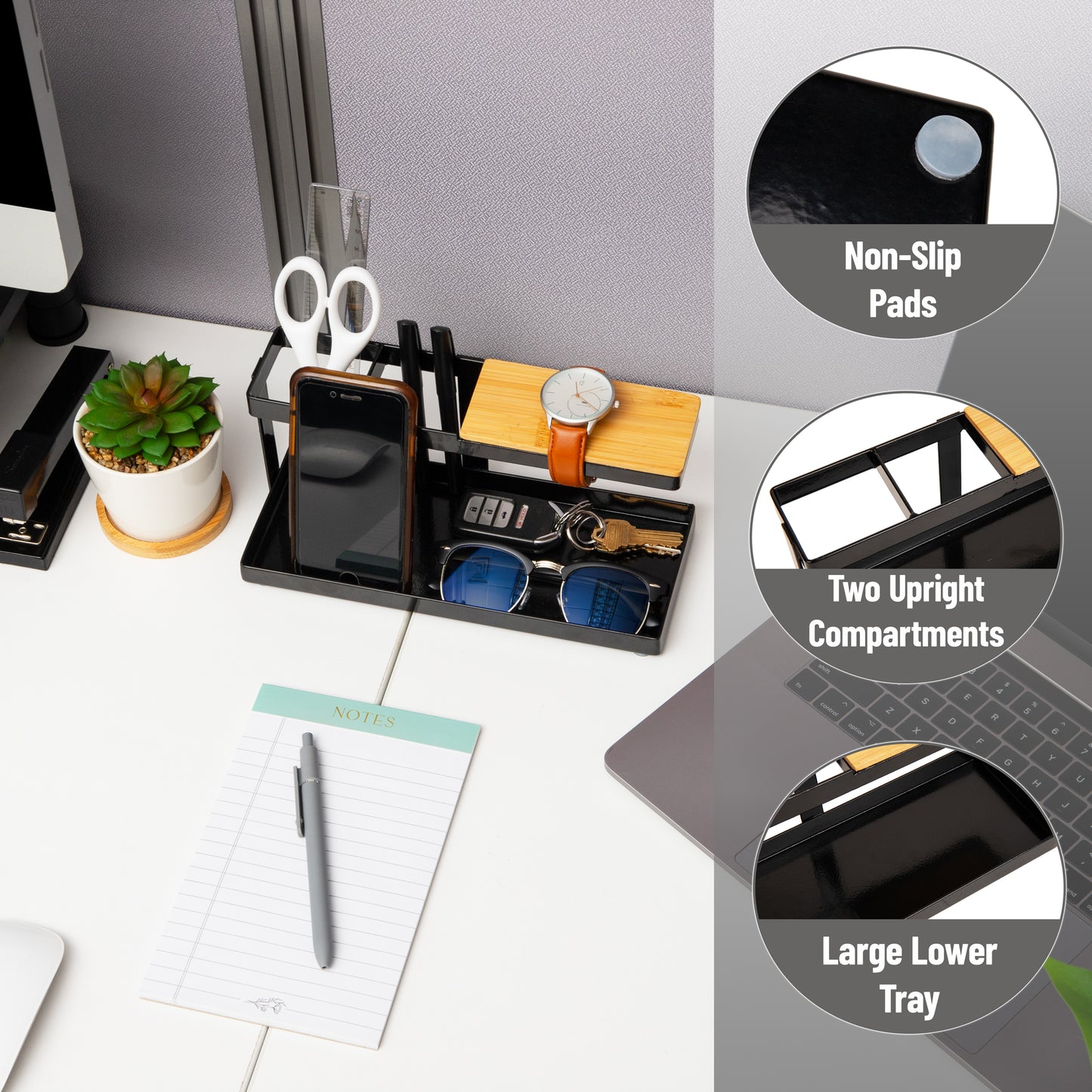 Mind Reader Desktop Organizer, Steel and Wood Desktop Dock, Catchall Tray for Phone, Wallet, Watch, Keys