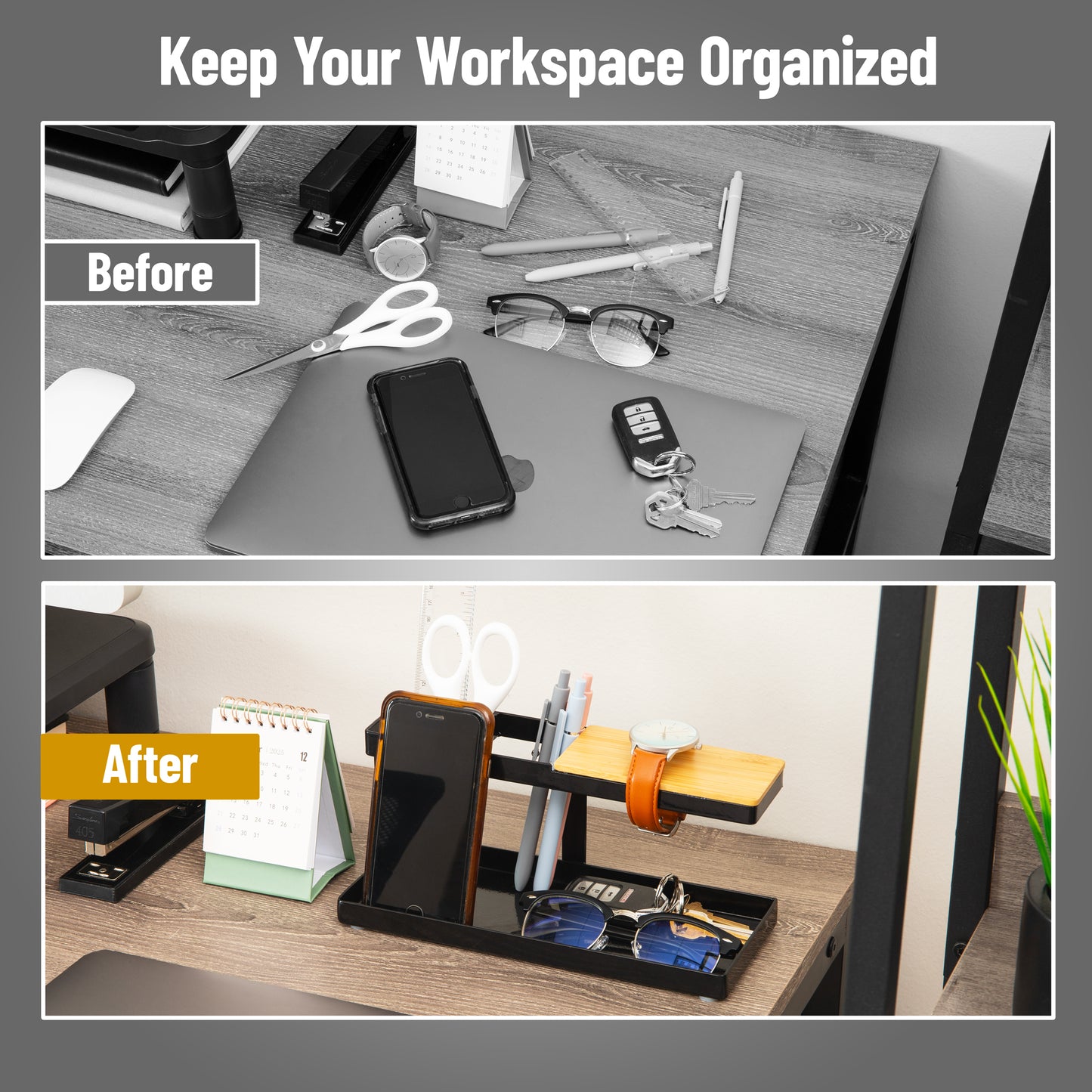 Mind Reader Desktop Organizer, Steel and Wood Desktop Dock, Catchall Tray for Phone, Wallet, Watch, Keys