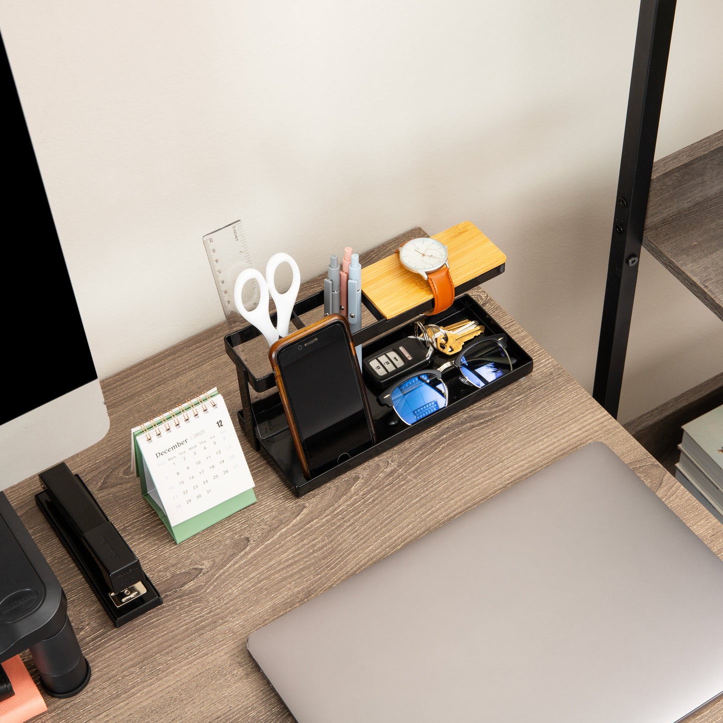 Mind Reader Desktop Organizer, Steel and Wood Desktop Dock, Catchall Tray for Phone, Wallet, Watch, Keys