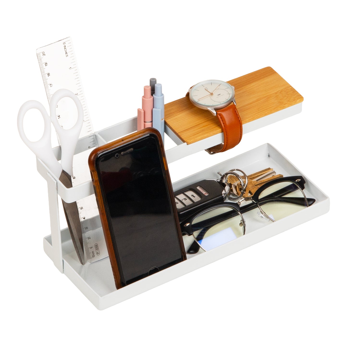 Mind Reader Desktop Organizer, Steel and Wood Desktop Dock, Catchall Tray for Phone, Wallet, Watch, Keys