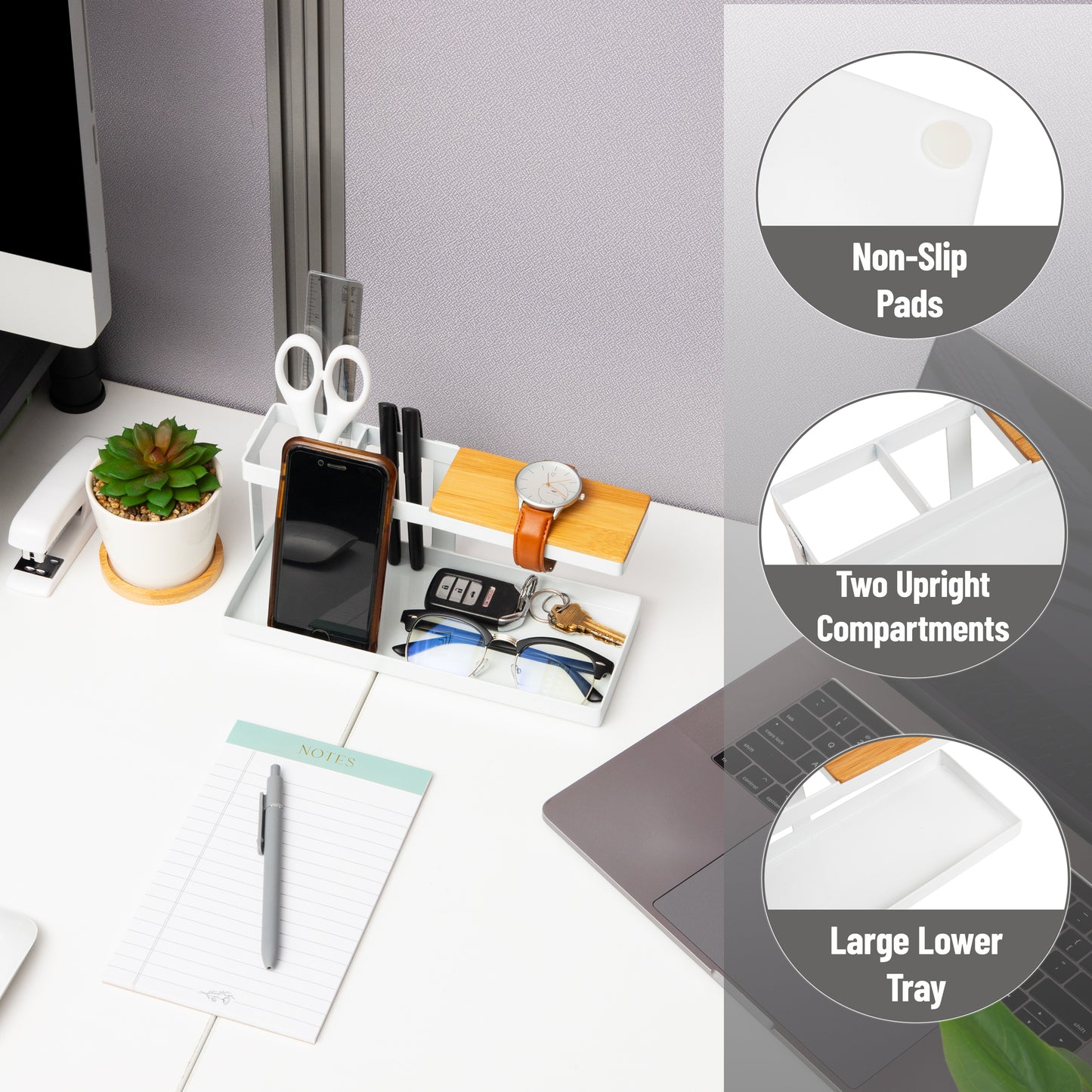 Mind Reader Desktop Organizer, Steel and Wood Desktop Dock, Catchall Tray for Phone, Wallet, Watch, Keys