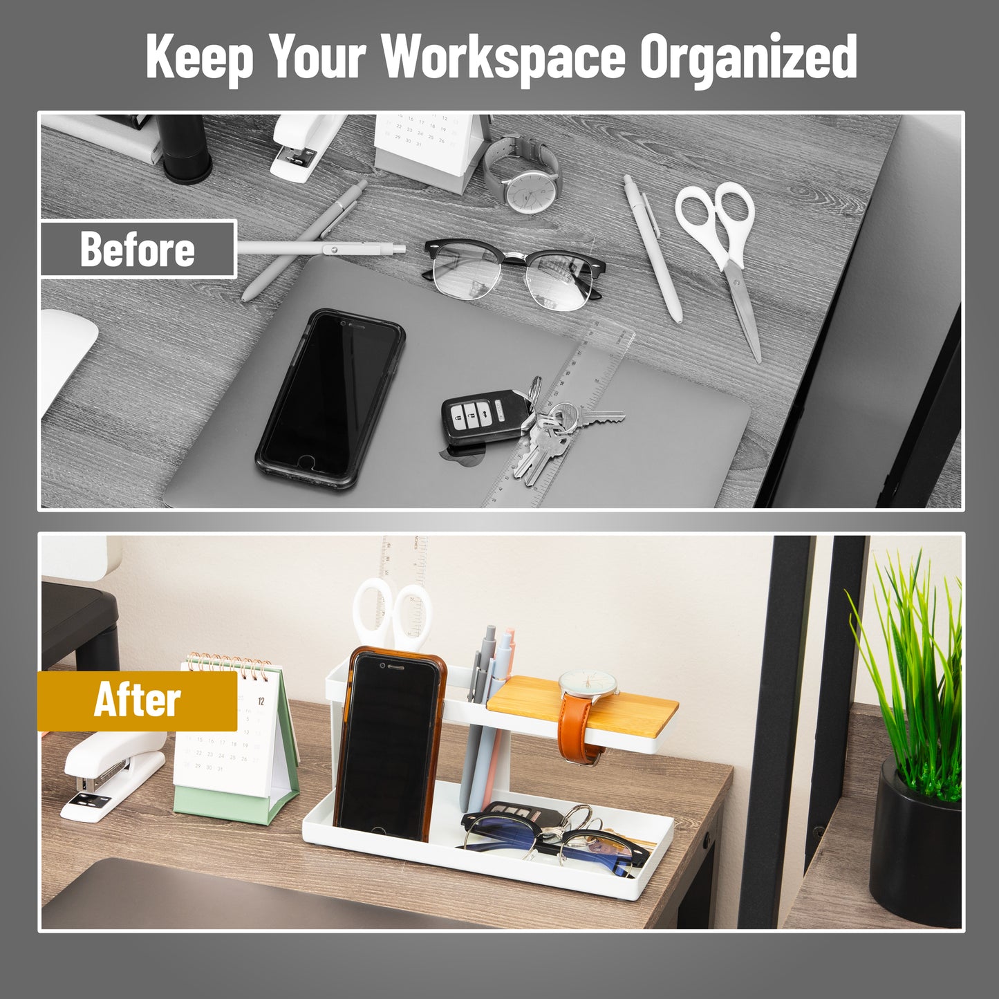 Mind Reader Desktop Organizer, Steel and Wood Desktop Dock, Catchall Tray for Phone, Wallet, Watch, Keys