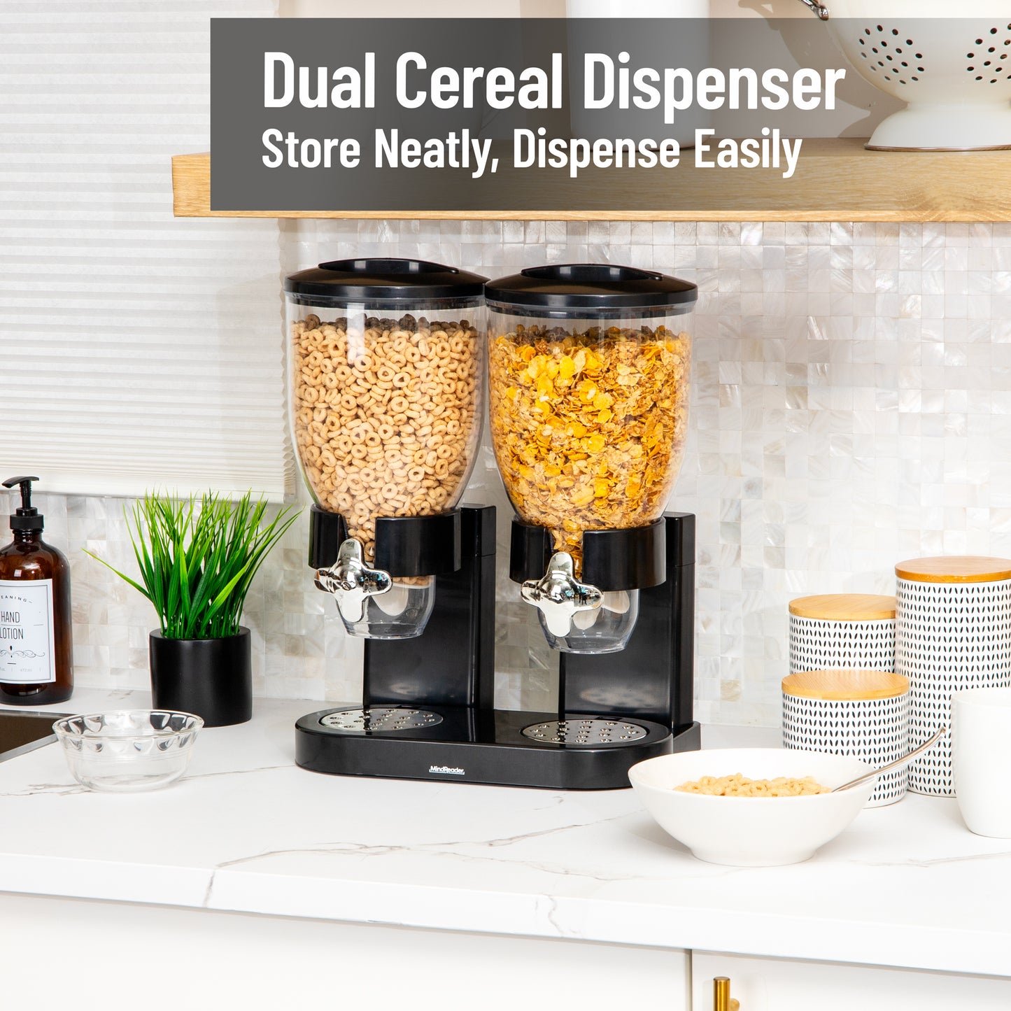 Mind Reader Double Cereal Dispenser for Countertop, 2 x 2L Airtight Containers, Rotating Dry Food Dispenser for Cereal, Rice, Candy, Coffee Beans, Black