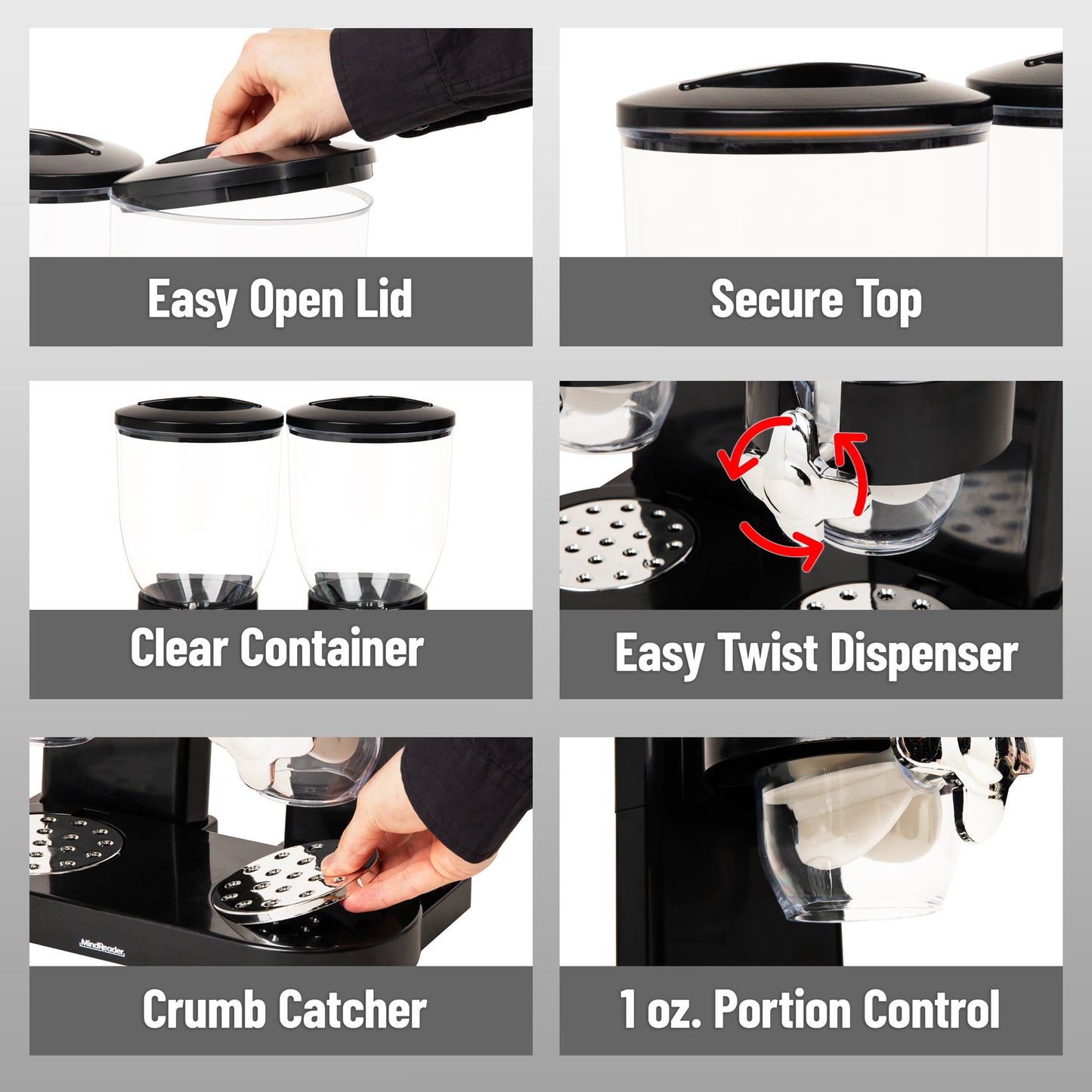 Mind Reader Double Cereal Dispenser for Countertop, 2 x 2L Airtight Containers, Rotating Dry Food Dispenser for Cereal, Rice, Candy, Coffee Beans, Black