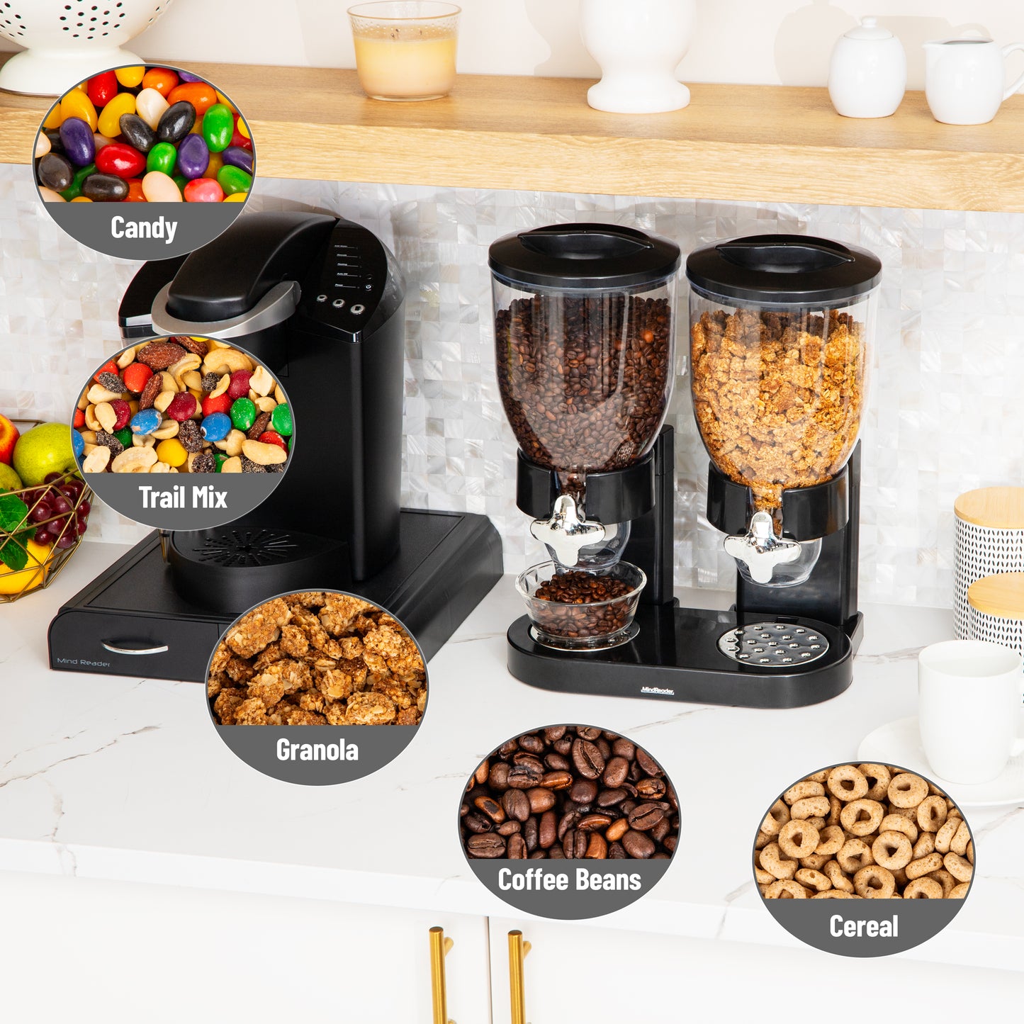 Mind Reader Double Cereal Dispenser for Countertop, 2 x 2L Airtight Containers, Rotating Dry Food Dispenser for Cereal, Rice, Candy, Coffee Beans, Black