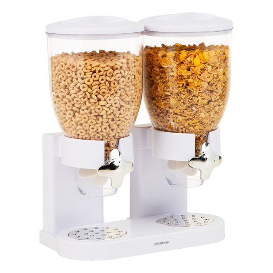 Mind Reader Double Cereal Dispenser for Countertop, 2 x 2L Airtight Containers, Rotating Dry Food Dispenser for Cereal, Rice, Candy, Coffee Beans, White