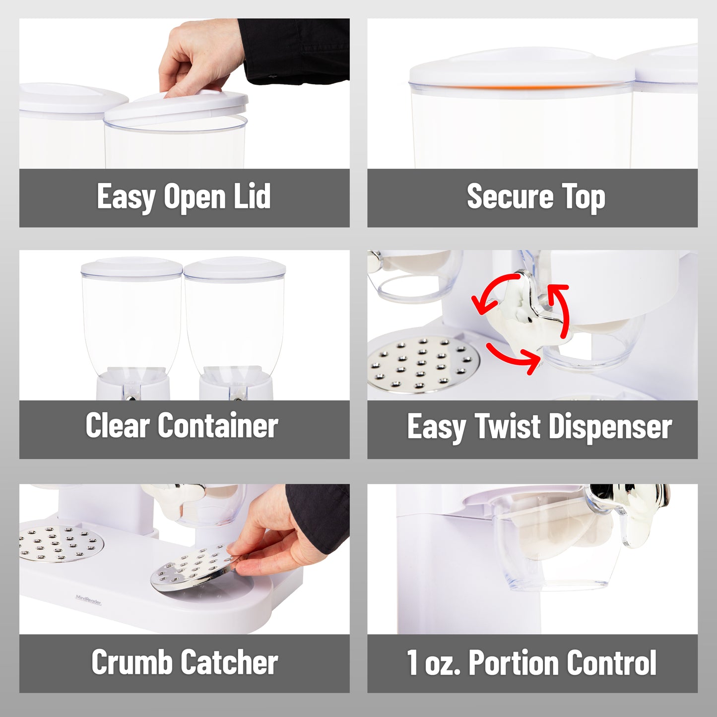 Mind Reader Double Cereal Dispenser for Countertop, 2 x 2L Airtight Containers, Rotating Dry Food Dispenser for Cereal, Rice, Candy, Coffee Beans, White