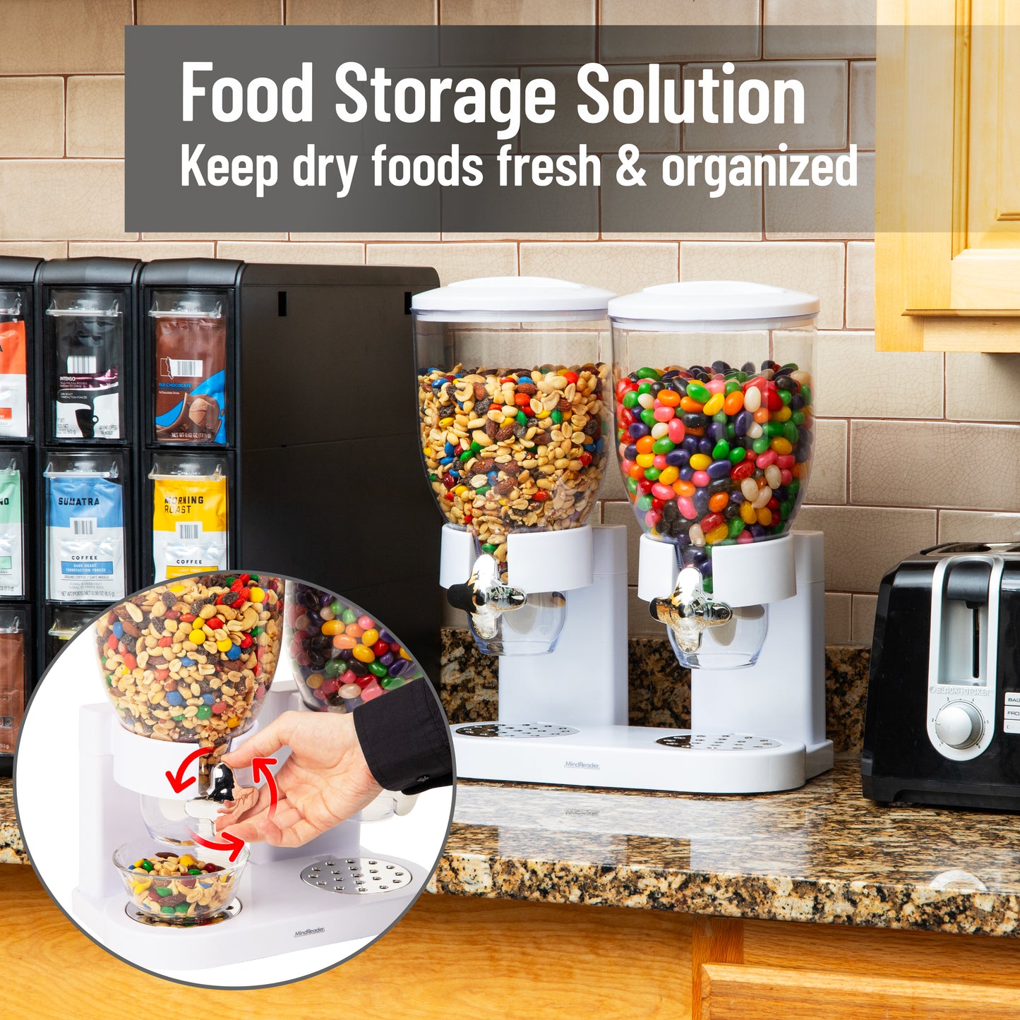 Mind Reader Double Cereal Dispenser for Countertop, 2 x 2L Airtight Containers, Rotating Dry Food Dispenser for Cereal, Rice, Candy, Coffee Beans, White