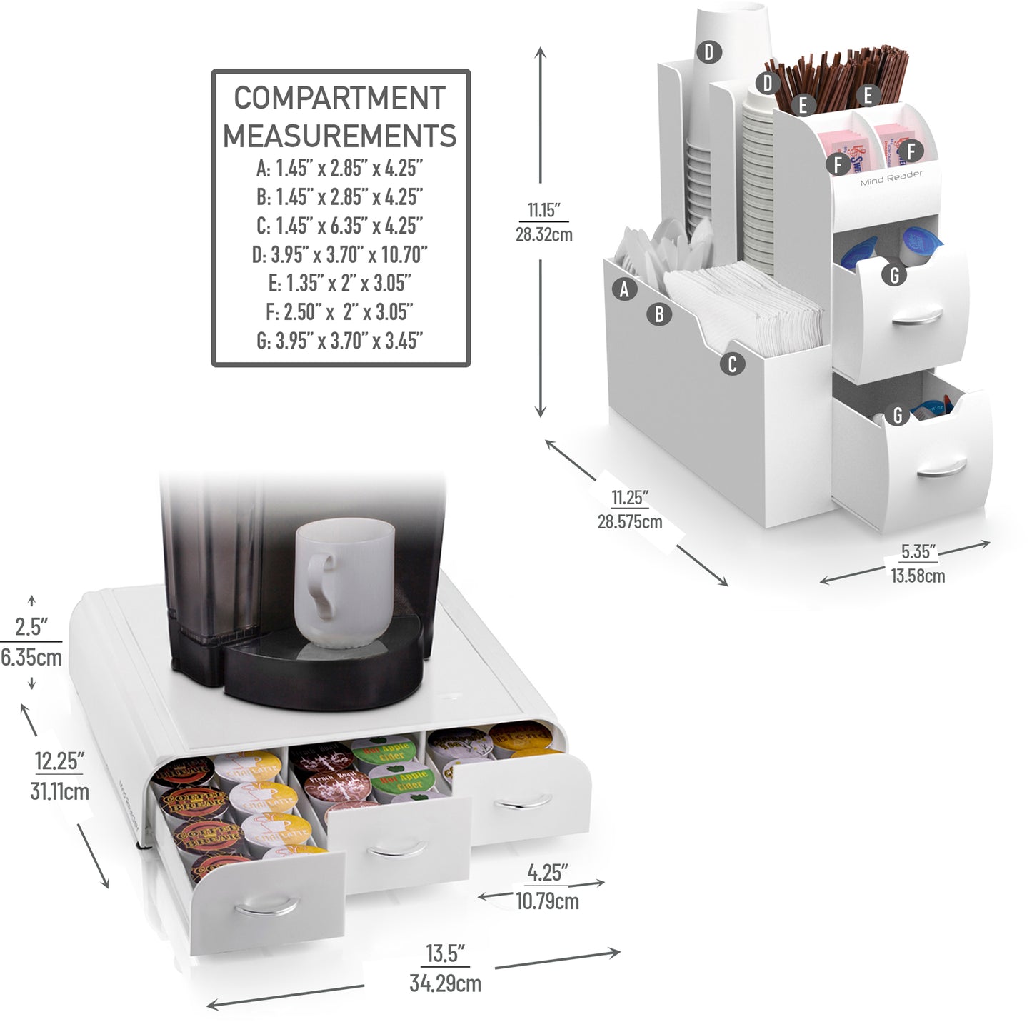 Mind Reader Single Serve Coffee Pod Drawer and Cup Condiment Set, 2 Pcs., 36 Pod Capacity, 5.35"L x 11.25"W x 11.15"H