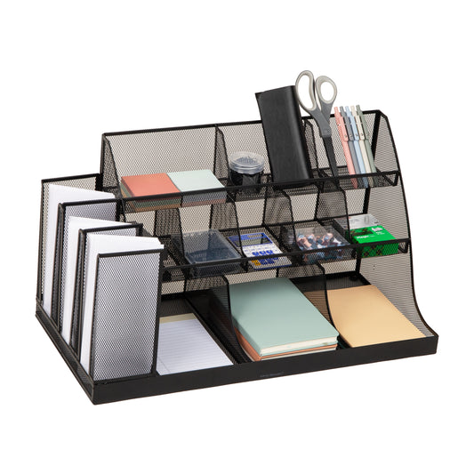Mind Reader Countertop Organizer, 3-Tier Desktop Storage Rack, Office Breakroom Supply Caddy, Metal Mesh, Black