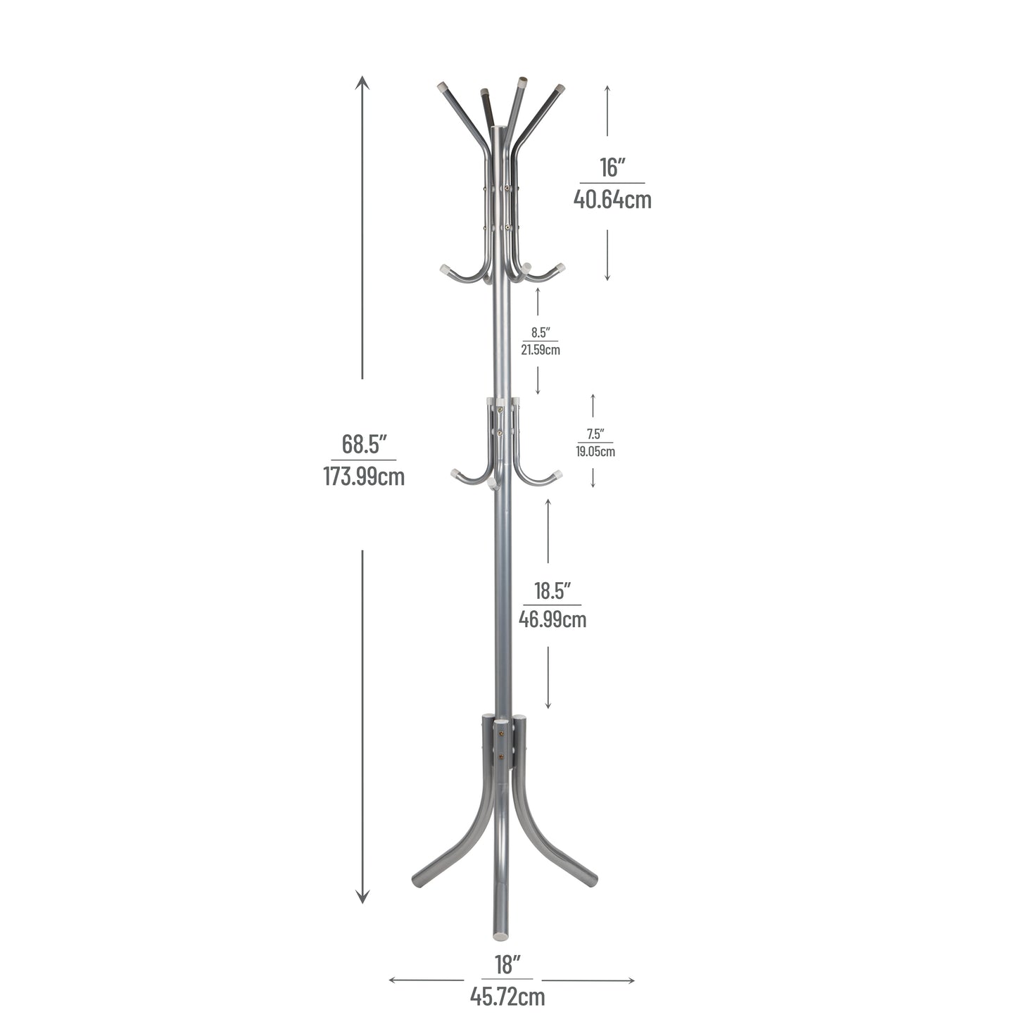 Mind Reader Coat Rack, Hall Tree, Freestanding Organizer, Coat Tree, Hat, Jacket, Purse, Metal, 18"L x 18"W x 68.5"H