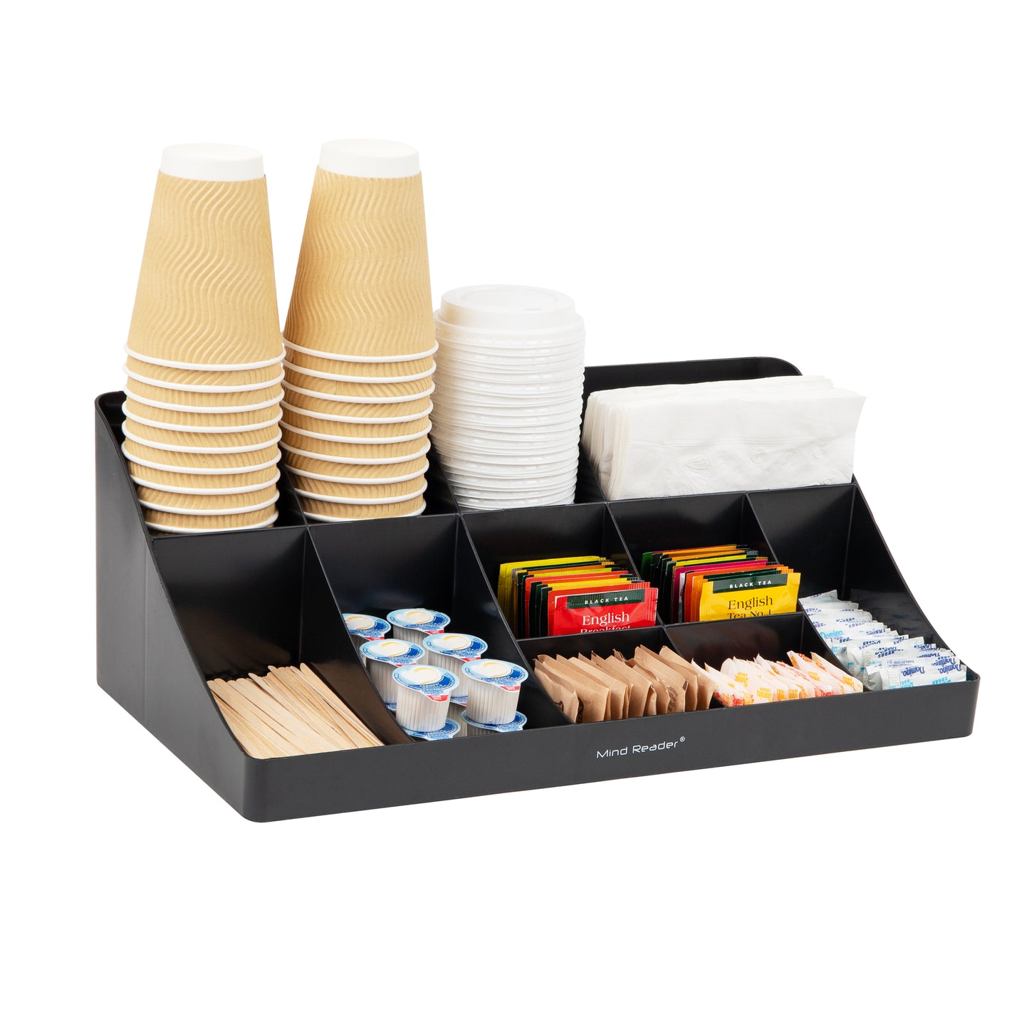 Mind Reader Cup and Condiment Station, Countertop Organizer, Coffee Bar, Kitchen, Stirrers, 17.875"L x 9.5"W x 6.625"H