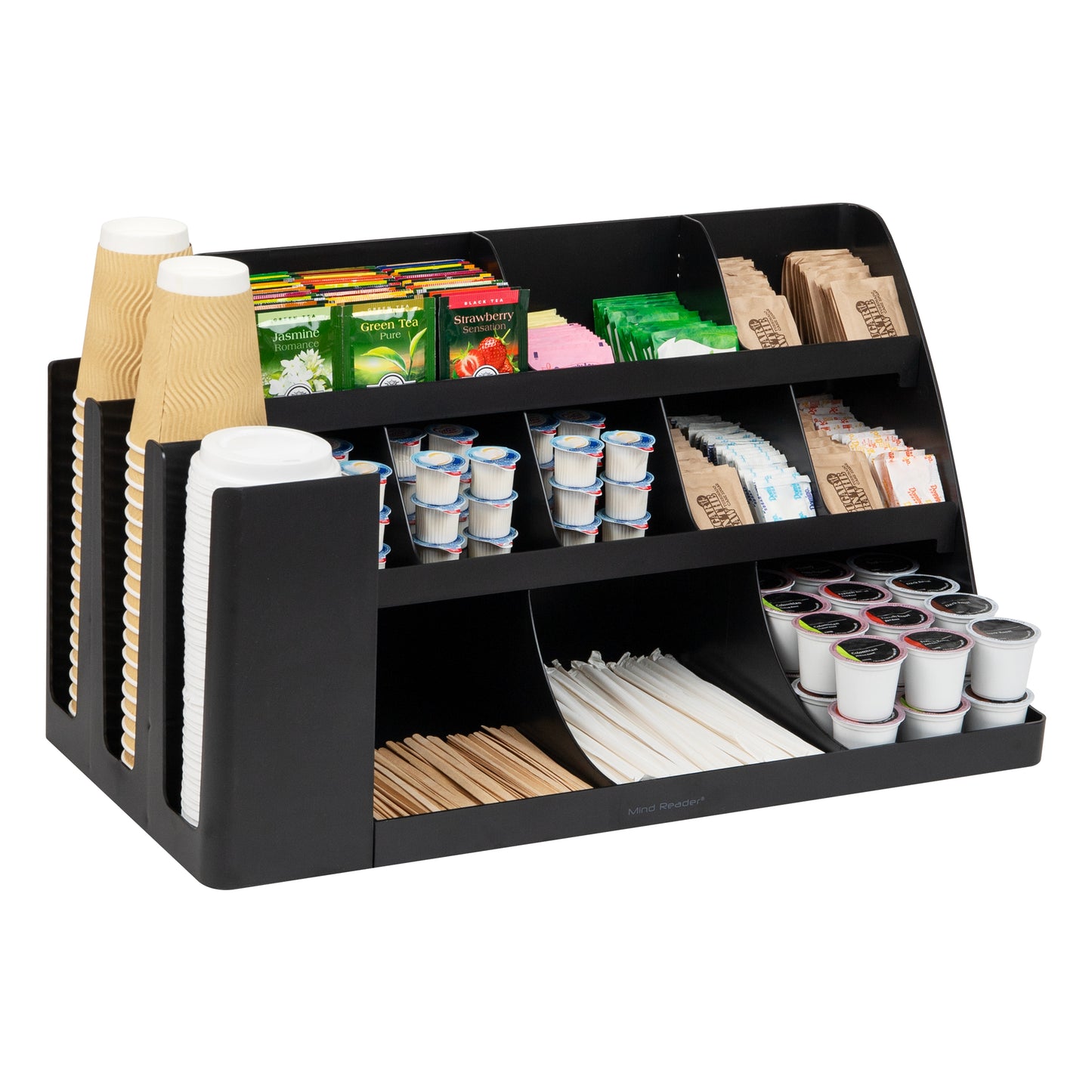 Mind Reader Cup and Condiment Station, Countertop Organizer, Coffee Bar, Kitchen, Stirrers, 24"L x 11.5"W x 12.5"H, Black
