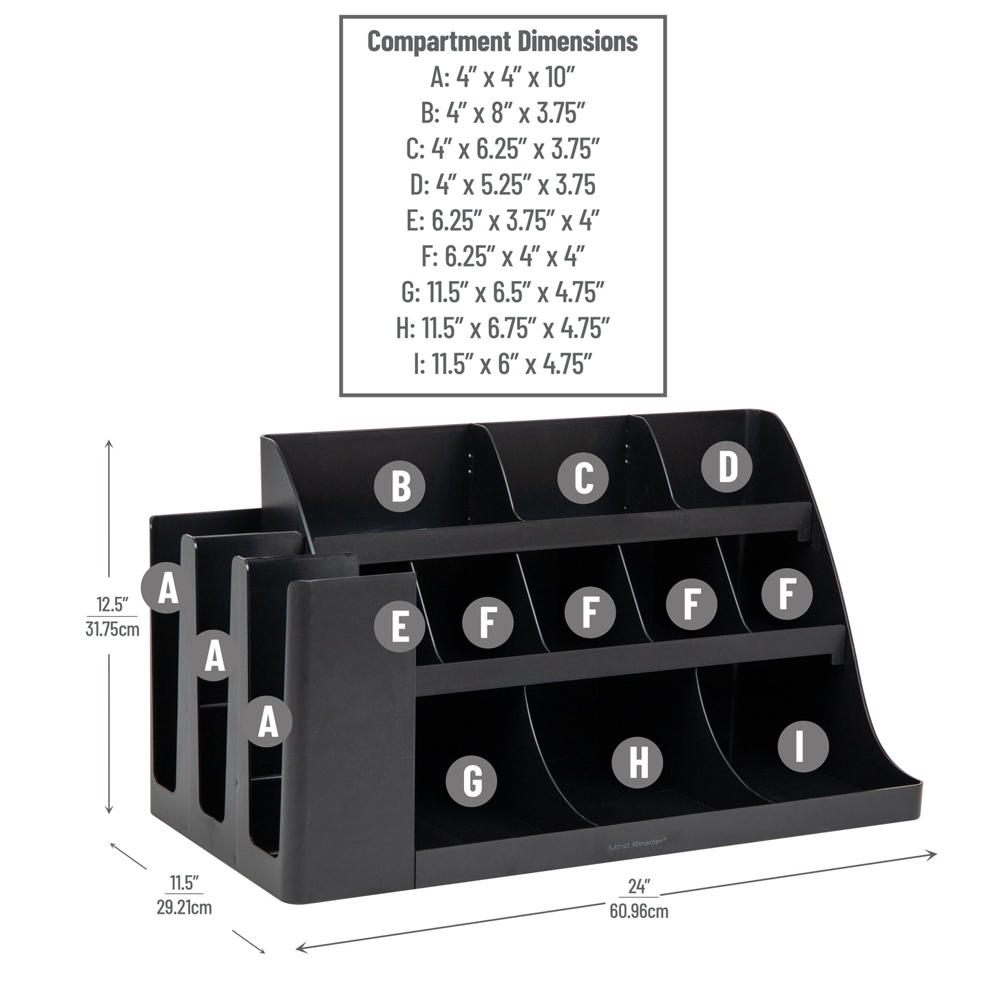 Mind Reader Cup and Condiment Station, Countertop Organizer, Coffee Bar, Kitchen, Stirrers, 24"L x 11.5"W x 12.5"H, Black