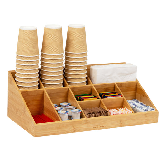 Mind Reader Bali Collection, 11-Compartment, Bamboo Cup, Lid and Condiment Storage, Countertop Organizer, 18.125"L x 9.5"W x 6.5"H, Brown