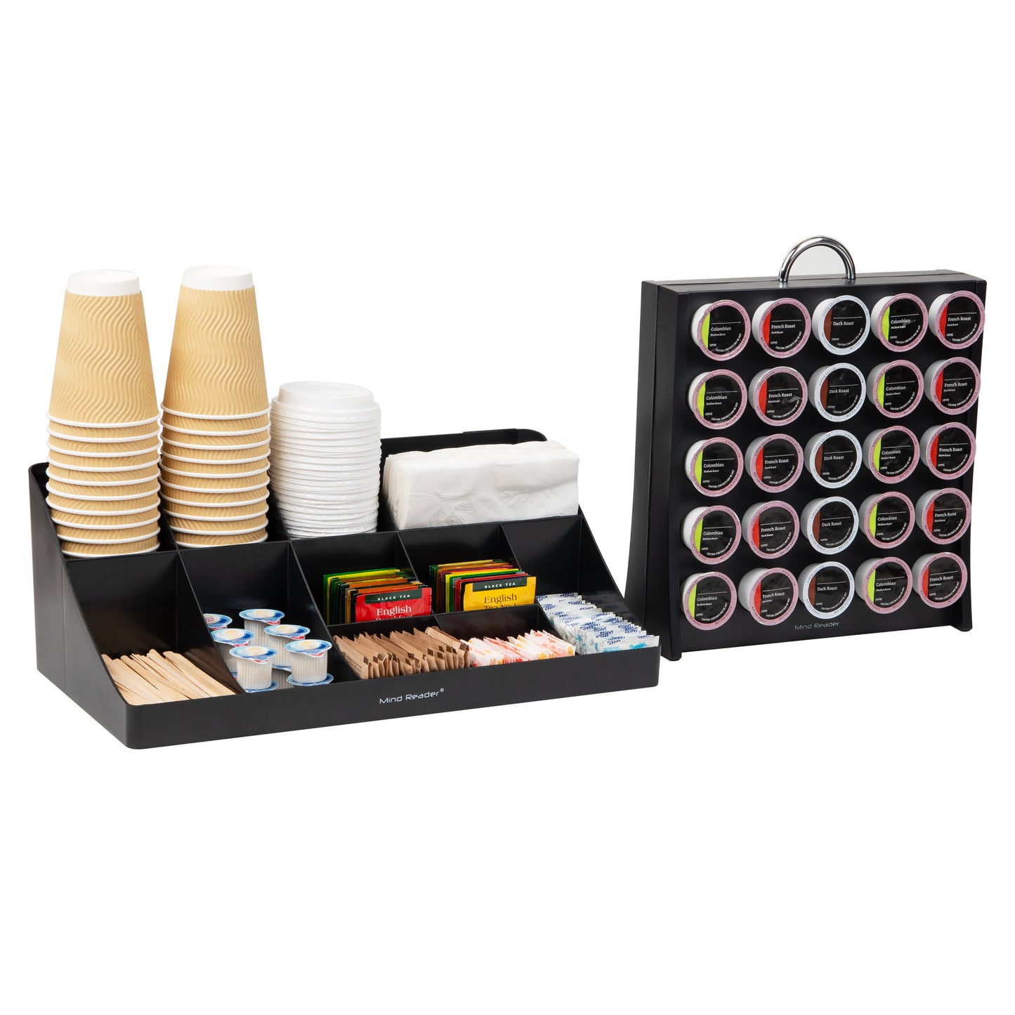 Mind Reader Anchor Collection, 15-Compartment, 2-Tier Cup and Condiment Storage, 17.875"L x 9.5"W x 6.625"H, and Double-Sided Single Serve Coffee Pod Storage, 50 Pod Capacity, 12"L x 4"W x 14"H, Countertop Set,  Black