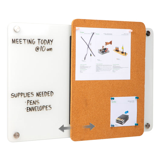 Mind Reader Glass Dry Erase Board with Sliding Corkboard, Wall Mounted Combination Whiteboard and Bulletin Board, 28" x 19.5"