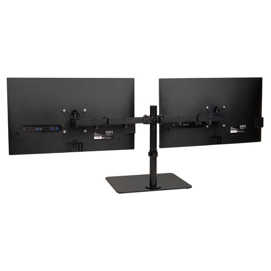 Mind Reader Freestanding Dual Monitor Desk Mount for 13"-32" Screens , VESA 75x75/100x100, Full Motion with 180° Rotation, ±90° Swivel, ±45° Tilt, Holds Up to 17.6 lbs Each – No Clamp, Base Stand with Cable Management, Black