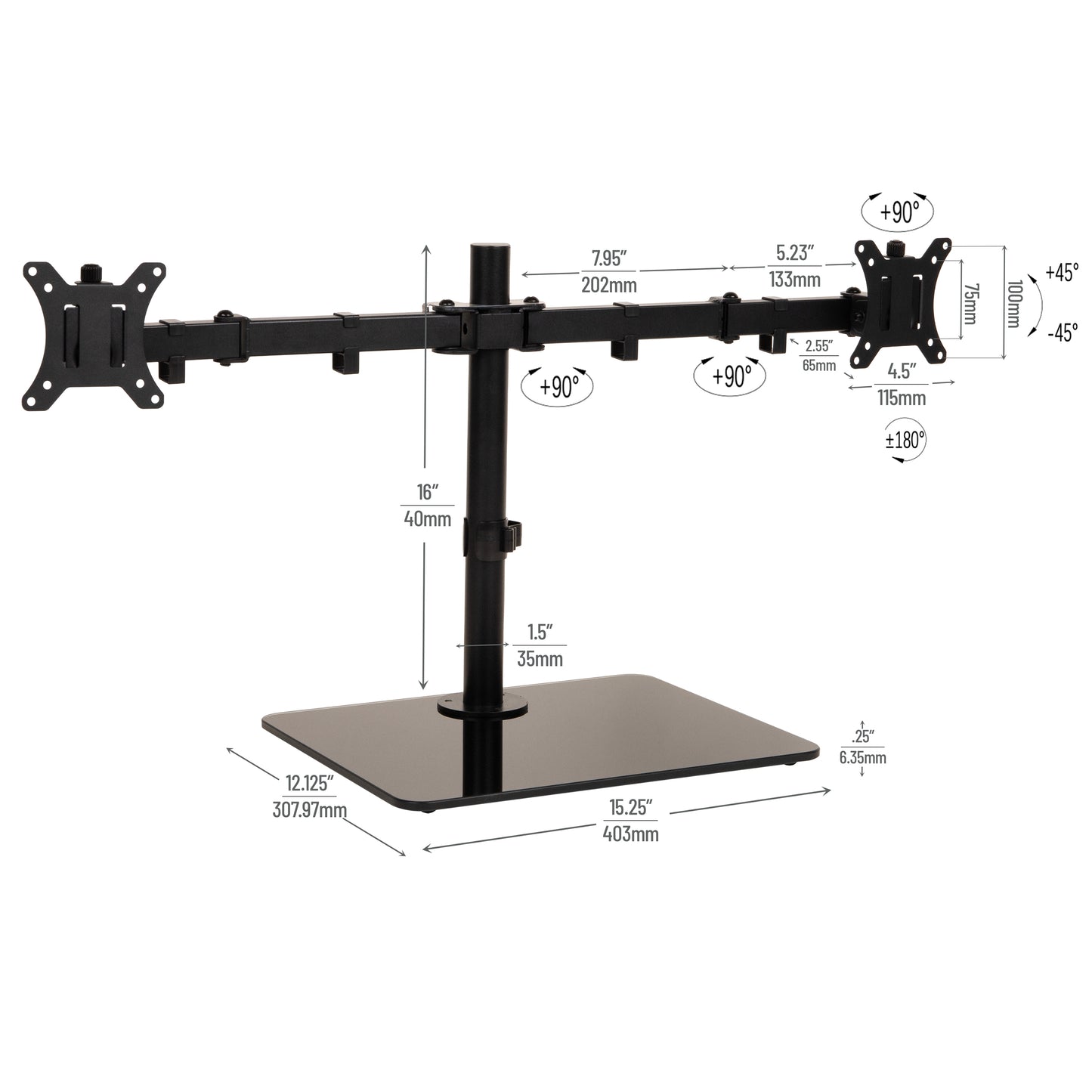 Mind Reader Freestanding Dual Monitor Desk Mount for 13"-32" Screens , VESA 75x75/100x100, Full Motion with 180° Rotation, ±90° Swivel, ±45° Tilt, Holds Up to 17.6 lbs Each – No Clamp, Base Stand with Cable Management, Black