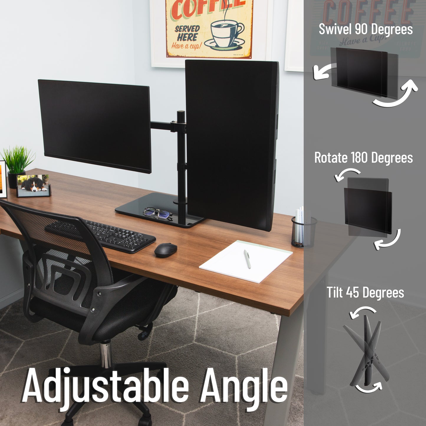 Mind Reader Freestanding Dual Monitor Desk Mount for 13"-32" Screens , VESA 75x75/100x100, Full Motion with 180° Rotation, ±90° Swivel, ±45° Tilt, Holds Up to 17.6 lbs Each – No Clamp, Base Stand with Cable Management, Black