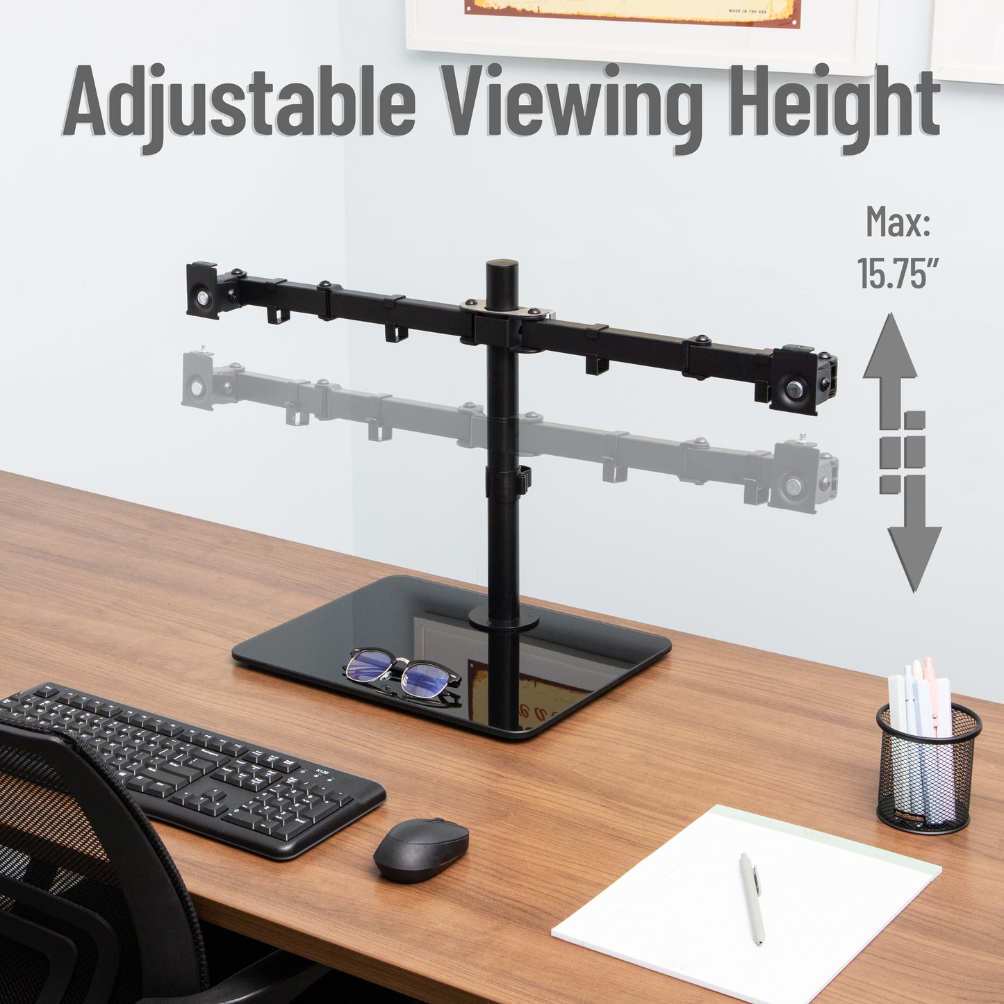 Mind Reader Freestanding Dual Monitor Desk Mount for 13"-32" Screens , VESA 75x75/100x100, Full Motion with 180° Rotation, ±90° Swivel, ±45° Tilt, Holds Up to 17.6 lbs Each – No Clamp, Base Stand with Cable Management, Black
