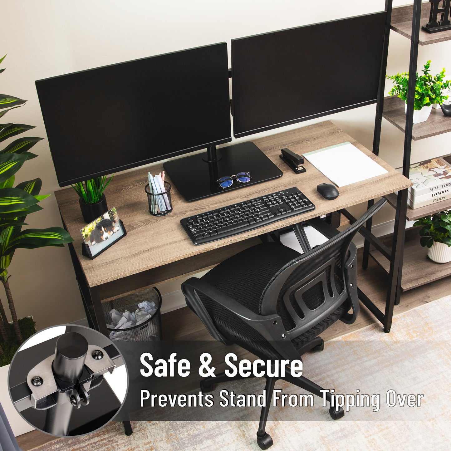 Mind Reader Freestanding Dual Monitor Desk Mount for 13"-32" Screens , VESA 75x75/100x100, Full Motion with 180° Rotation, ±90° Swivel, ±45° Tilt, Holds Up to 17.6 lbs Each – No Clamp, Base Stand with Cable Management, Black