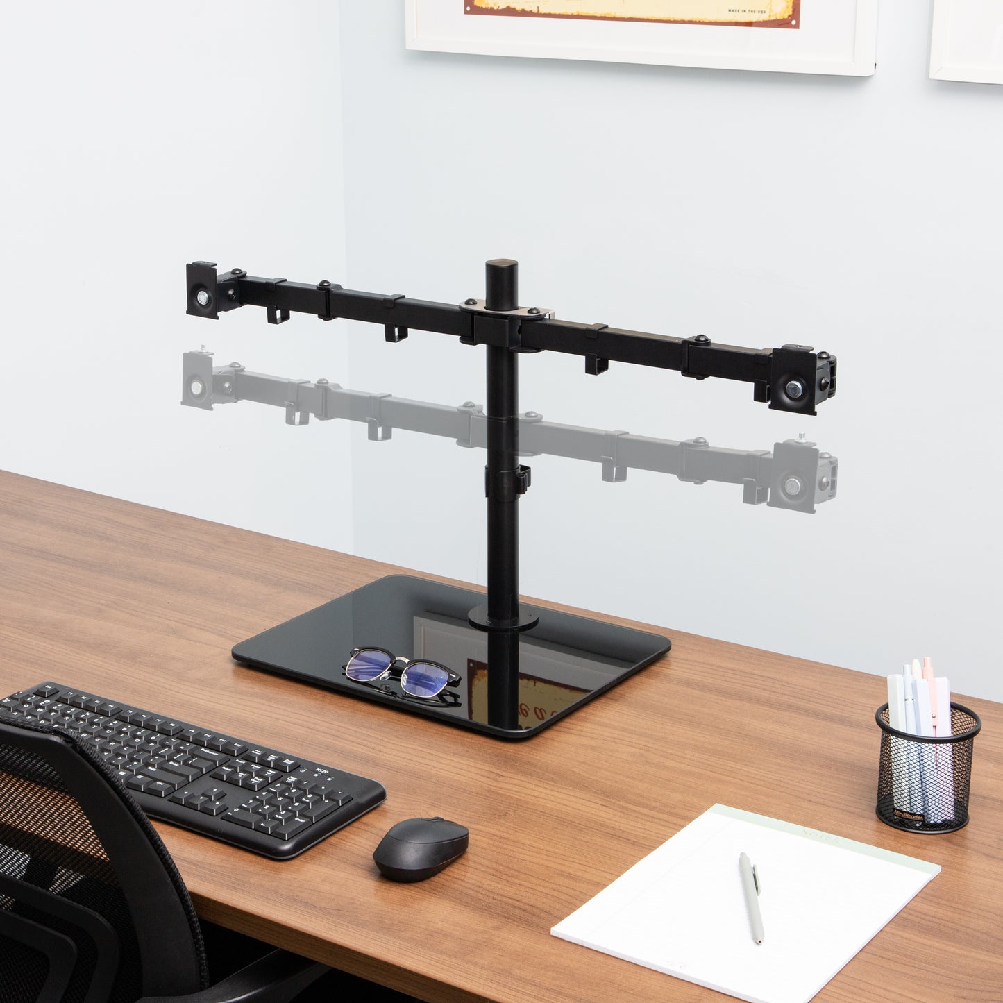 Mind Reader Freestanding Dual Monitor Desk Mount for 13"-32" Screens , VESA 75x75/100x100, Full Motion with 180° Rotation, ±90° Swivel, ±45° Tilt, Holds Up to 17.6 lbs Each – No Clamp, Base Stand with Cable Management, Black