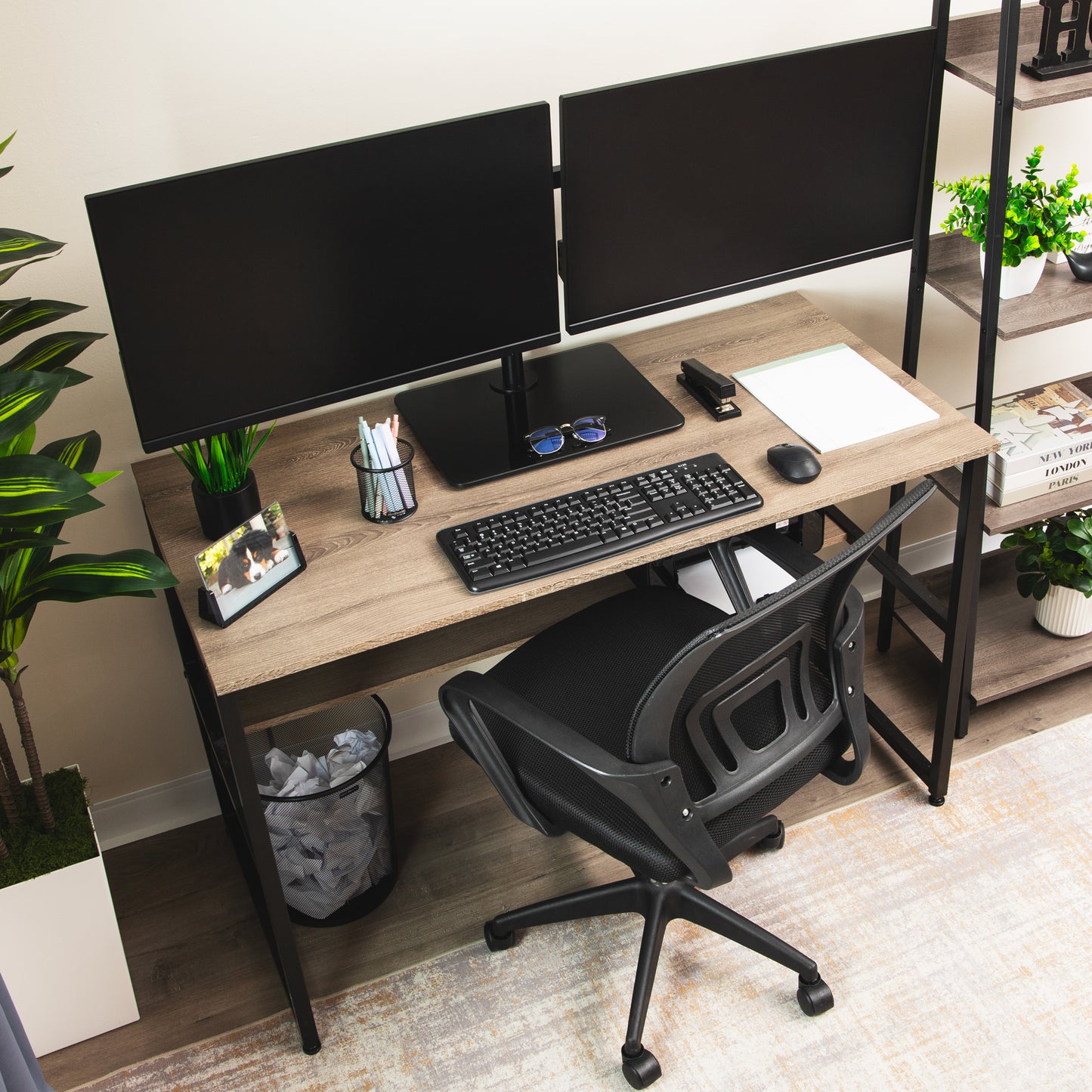 Mind Reader Freestanding Dual Monitor Desk Mount for 13"-32" Screens , VESA 75x75/100x100, Full Motion with 180° Rotation, ±90° Swivel, ±45° Tilt, Holds Up to 17.6 lbs Each – No Clamp, Base Stand with Cable Management, Black