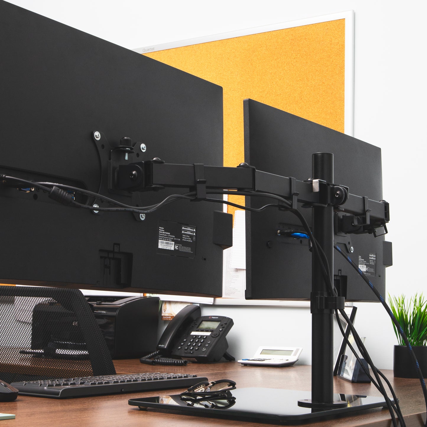 Mind Reader Freestanding Dual Monitor Desk Mount for 13"-32" Screens , VESA 75x75/100x100, Full Motion with 180° Rotation, ±90° Swivel, ±45° Tilt, Holds Up to 17.6 lbs Each – No Clamp, Base Stand with Cable Management, Black