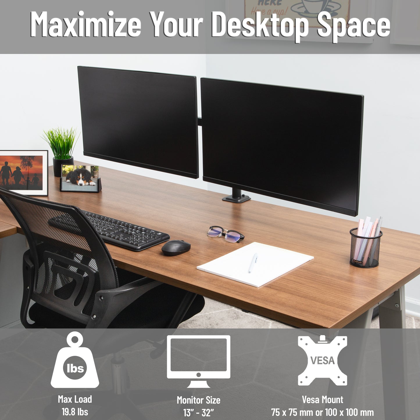 Mind Reader Dual Monitor Desk Mount for 13"-32" Screens, Adjustable VESA Mount with 180° Rotation, ±90° Swivel, ±45° Tilt, Integrated Cable Management, 17.6 lb Capacity Each, Black