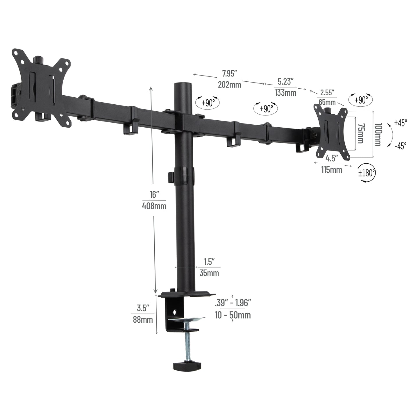 Mind Reader Dual Monitor Desk Mount for 13"-32" Screens, Adjustable VESA Mount with 180° Rotation, ±90° Swivel, ±45° Tilt, Integrated Cable Management, 17.6 lb Capacity Each, Black