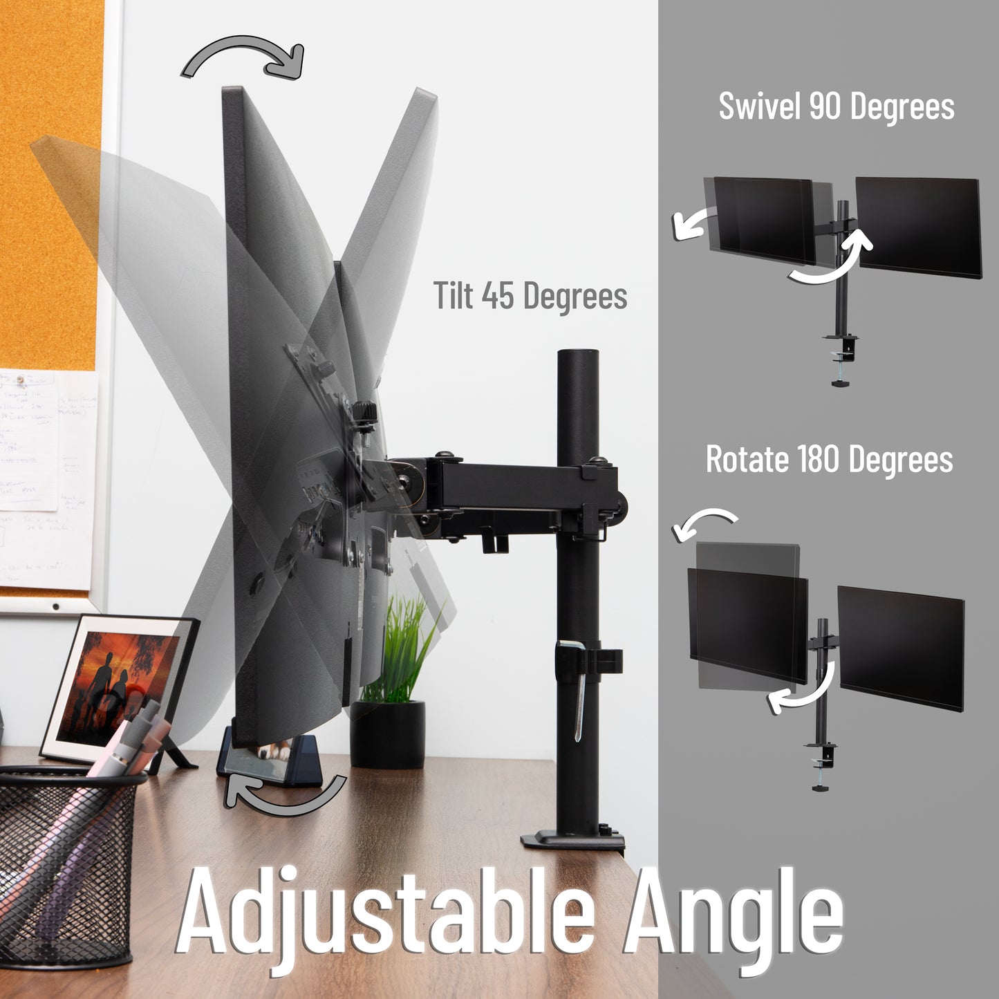 Mind Reader Dual Monitor Desk Mount for 13"-32" Screens, Adjustable VESA Mount with 180° Rotation, ±90° Swivel, ±45° Tilt, Integrated Cable Management, 17.6 lb Capacity Each, Black
