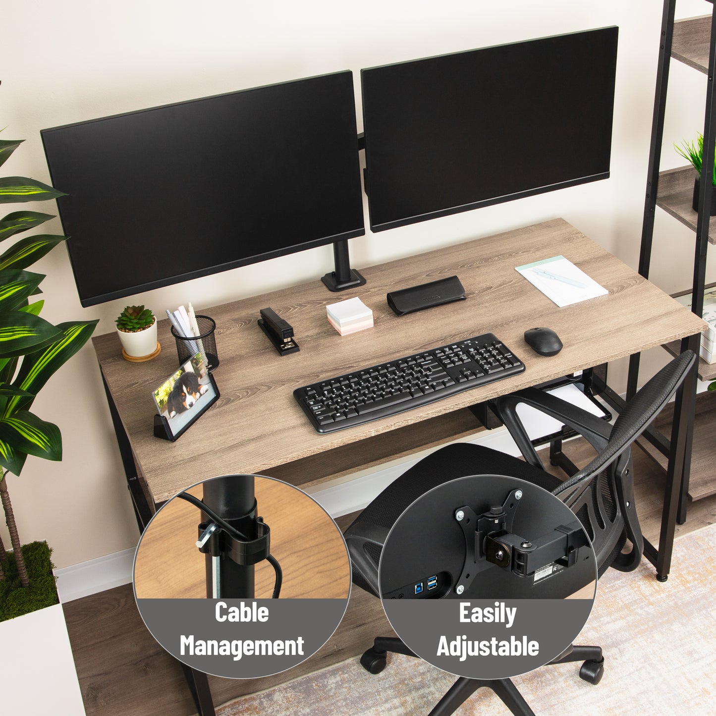 Mind Reader Dual Monitor Desk Mount for 13"-32" Screens, Adjustable VESA Mount with 180° Rotation, ±90° Swivel, ±45° Tilt, Integrated Cable Management, 17.6 lb Capacity Each, Black