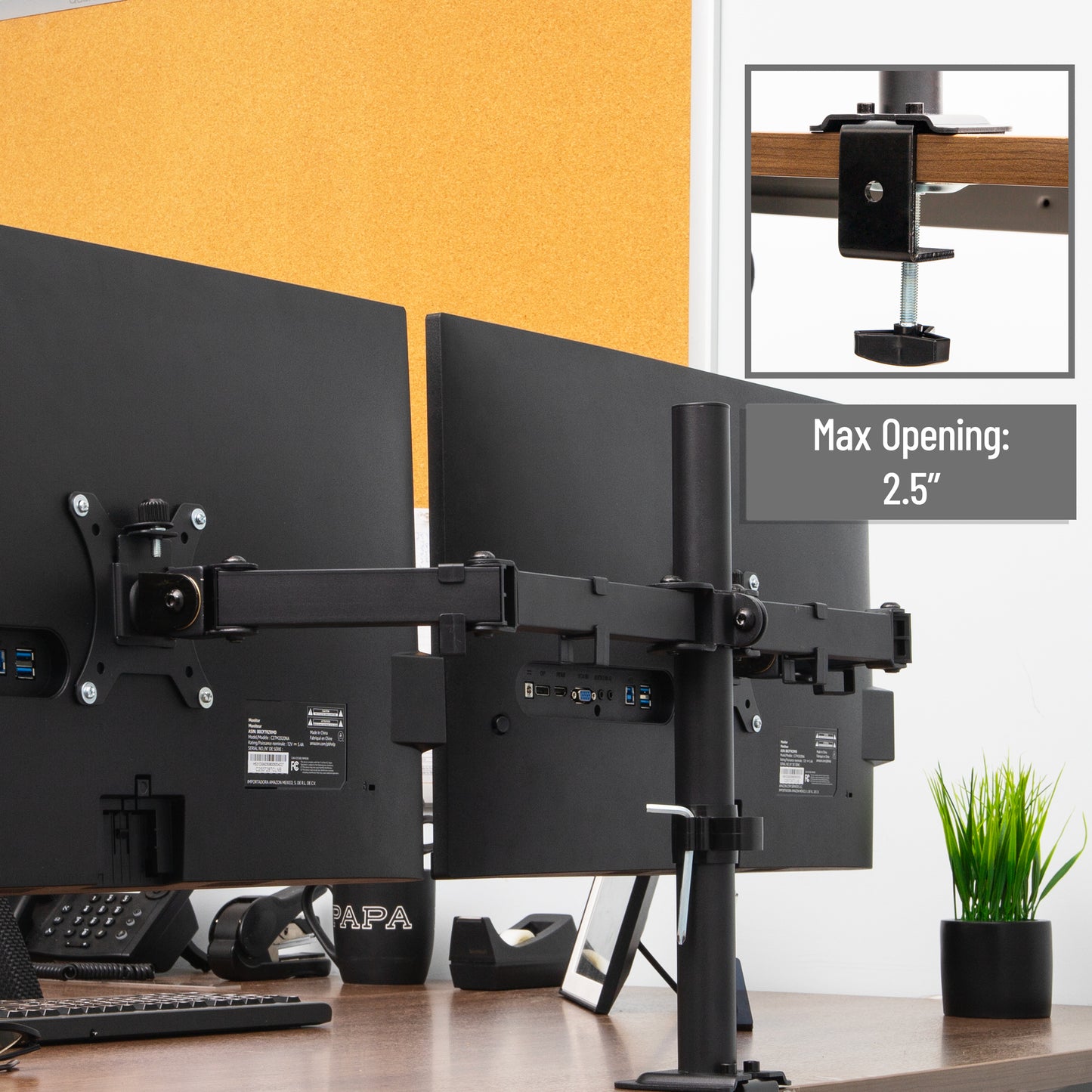 Mind Reader Dual Monitor Desk Mount for 13"-32" Screens, Adjustable VESA Mount with 180° Rotation, ±90° Swivel, ±45° Tilt, Integrated Cable Management, 17.6 lb Capacity Each, Black