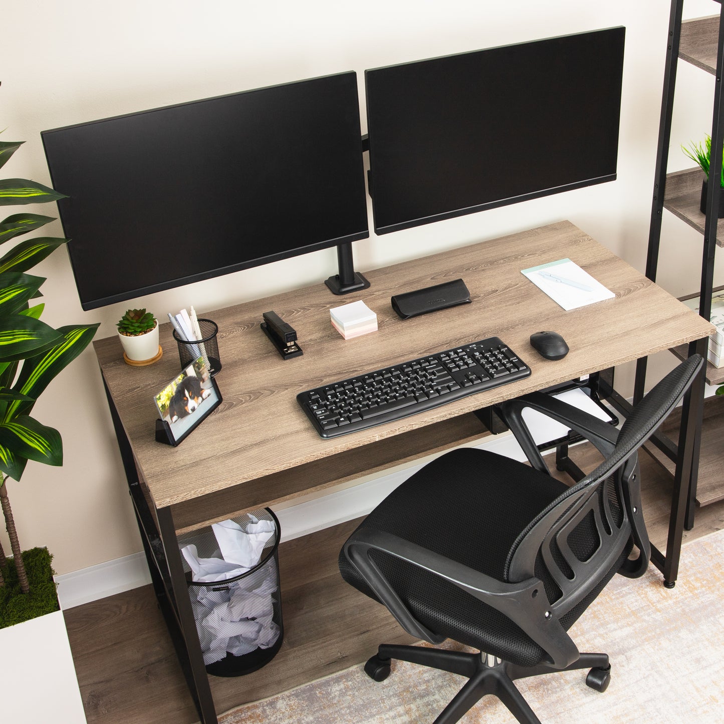 Mind Reader Dual Monitor Desk Mount for 13"-32" Screens, Adjustable VESA Mount with 180° Rotation, ±90° Swivel, ±45° Tilt, Integrated Cable Management, 17.6 lb Capacity Each, Black
