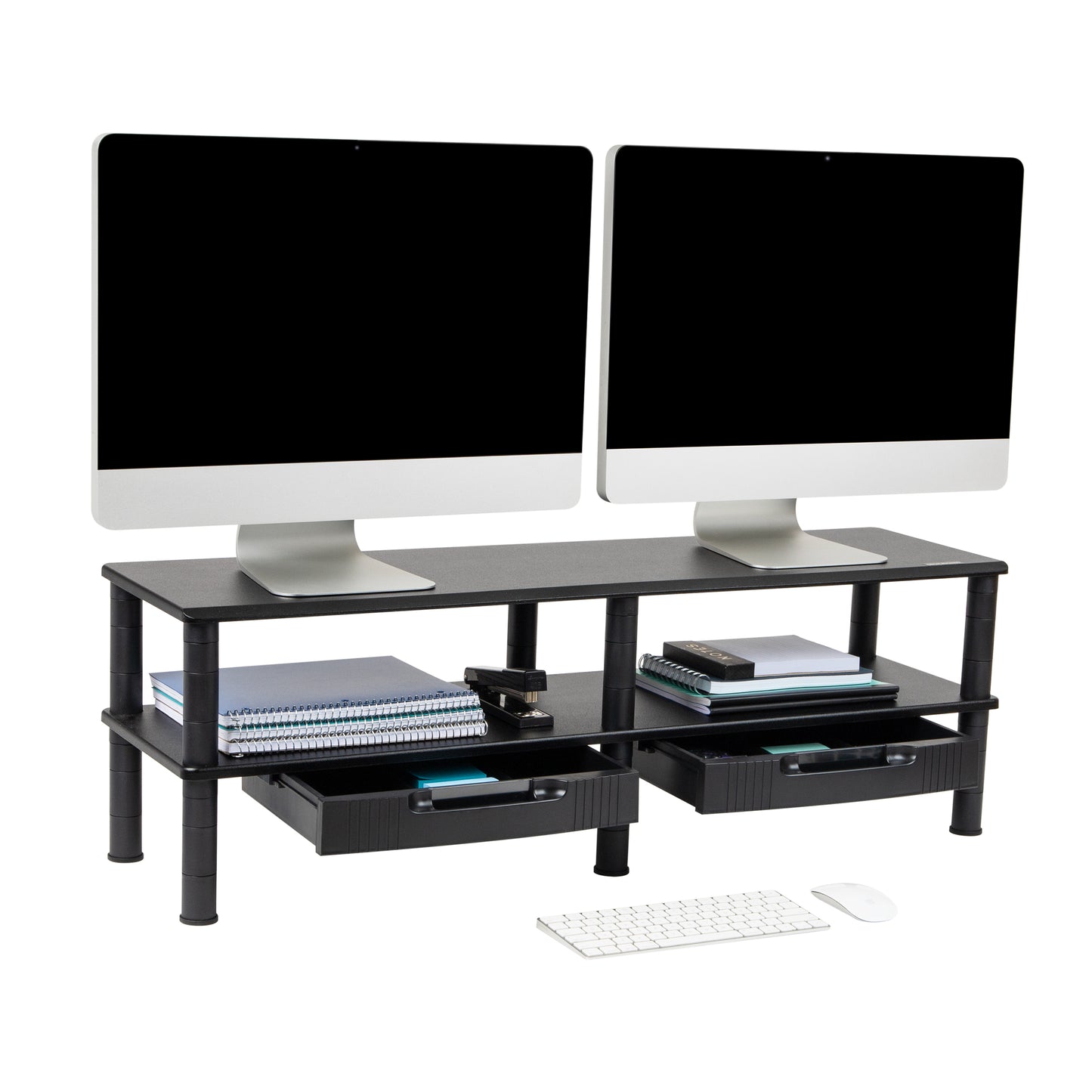 Mind Reader Dual Monitor Stand, Storage Shelf, Desktop Organizer, Riser, Office, 38.5"L x 11"W x 10.5-12.5"H, Black