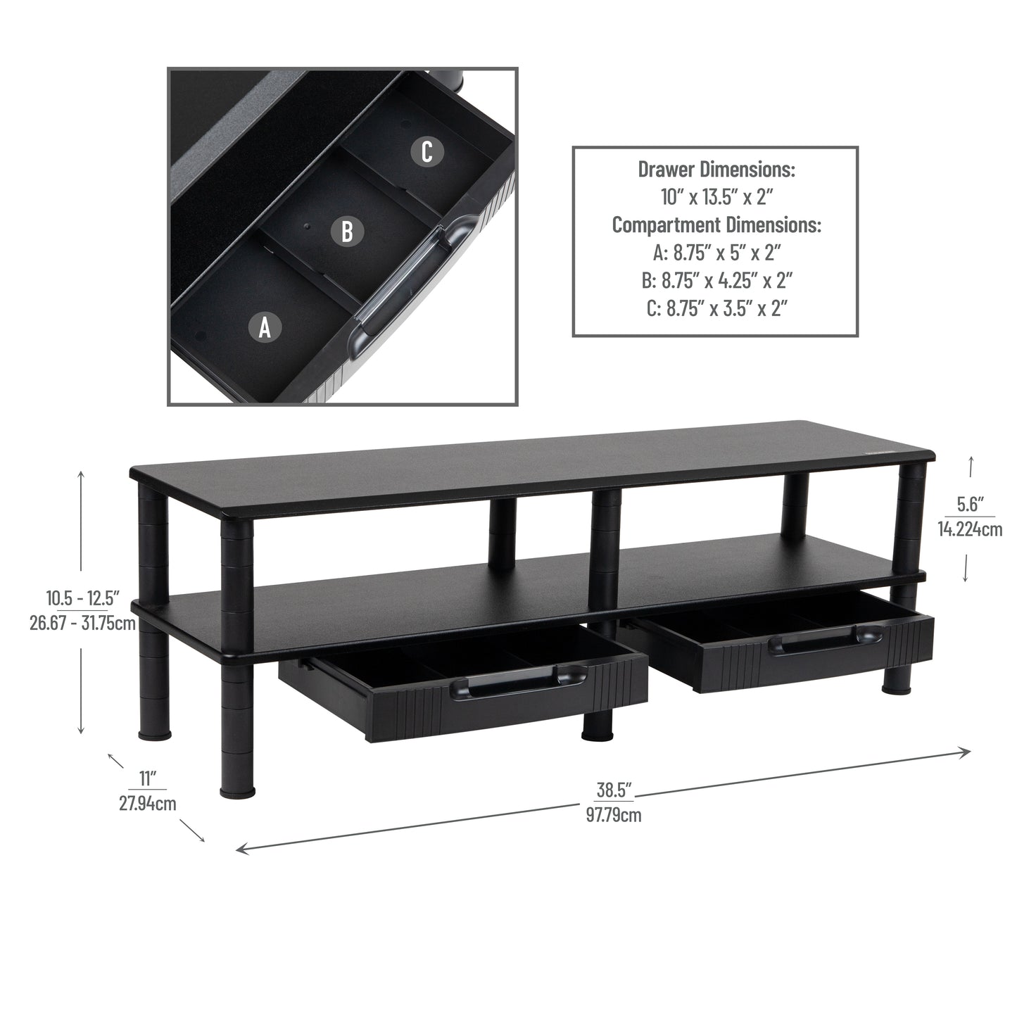 Mind Reader Dual Monitor Stand, Storage Shelf, Desktop Organizer, Riser, Office, 38.5"L x 11"W x 10.5-12.5"H, Black