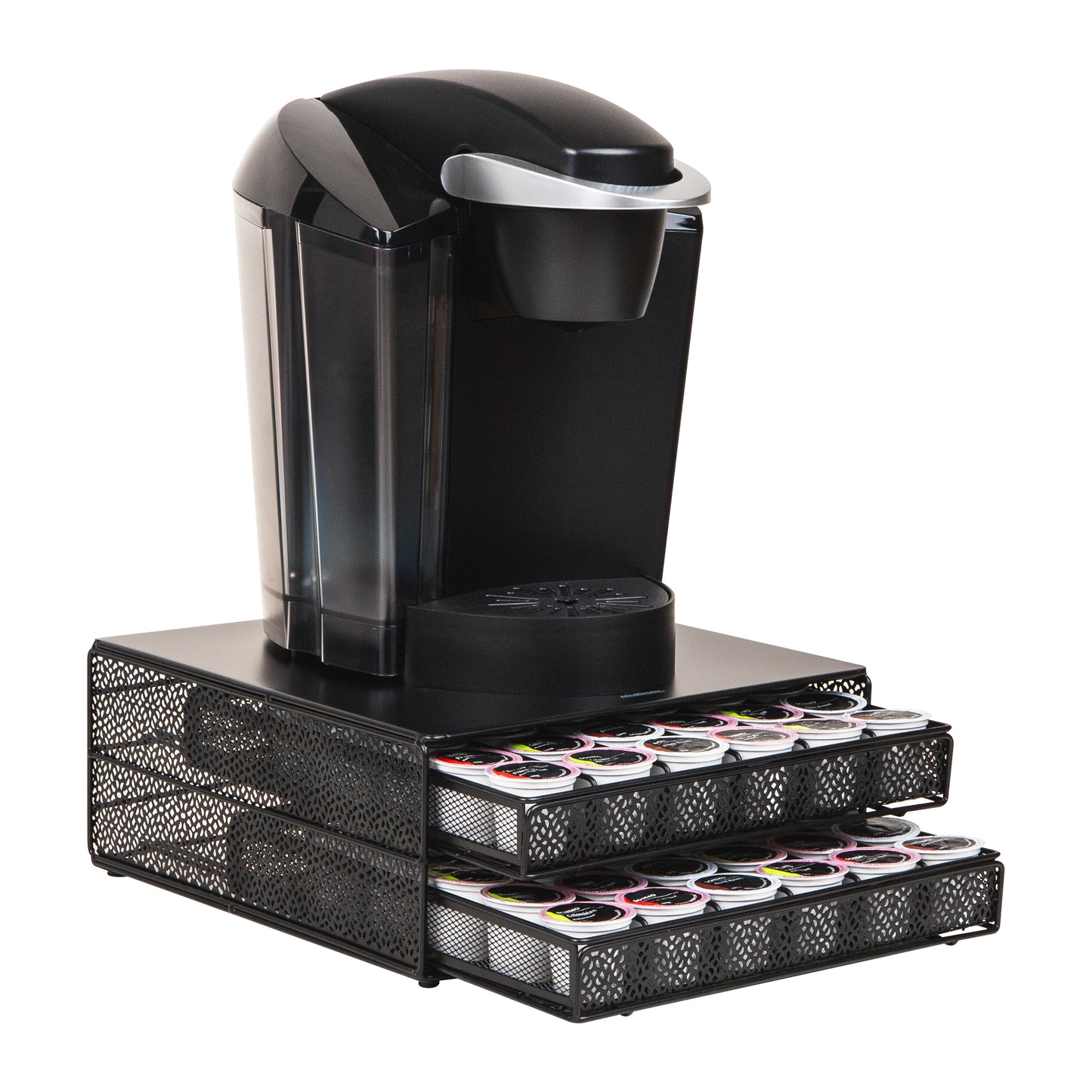Mind Reader 2-Drawer Coffee Pod Organizer with Removable Dividers, 72 Pod Capacity, Monitor Stand Desktop Organizer, Metal Mesh, Black