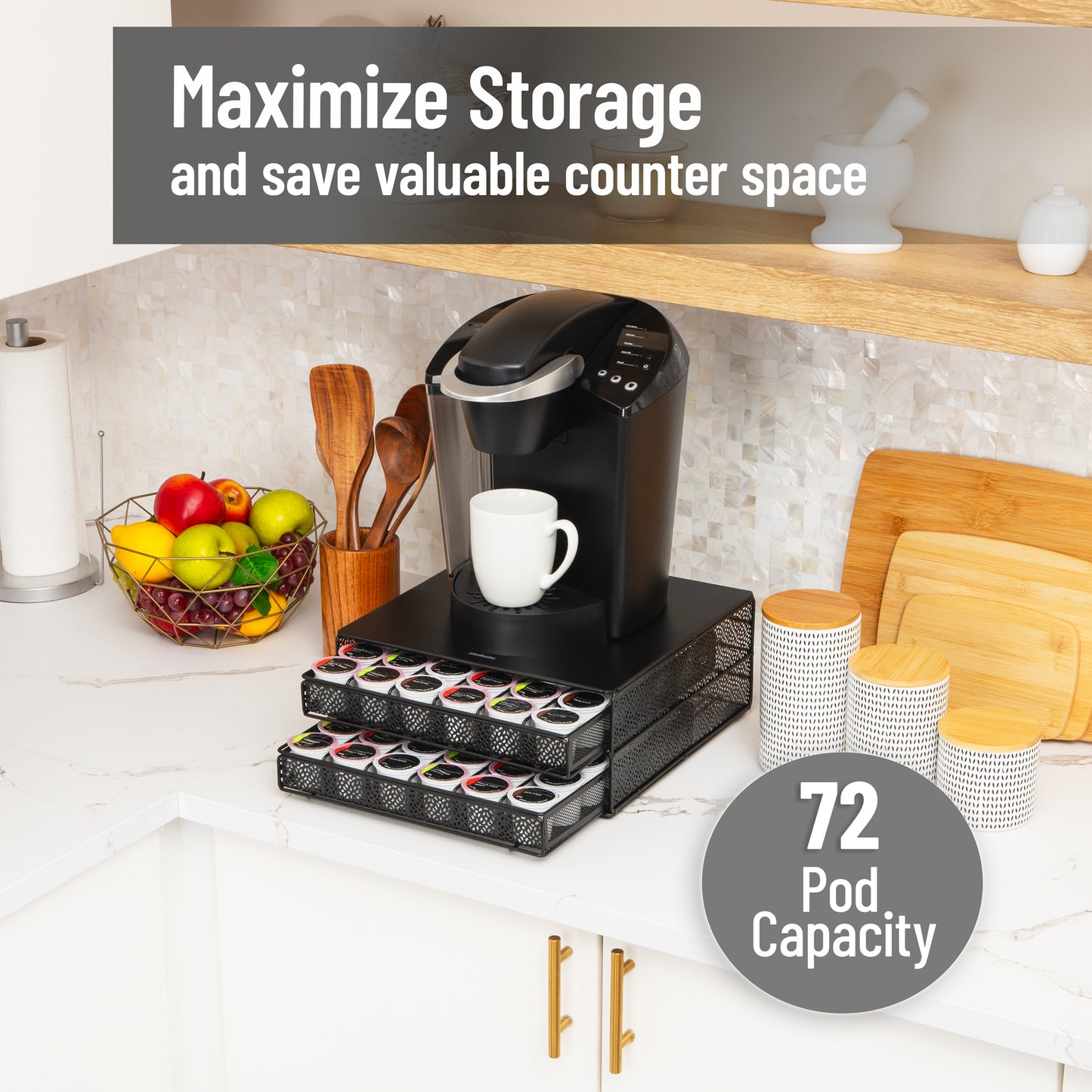 Mind Reader 2-Drawer Coffee Pod Organizer with Removable Dividers, 72 Pod Capacity, Monitor Stand Desktop Organizer, Metal Mesh, Black